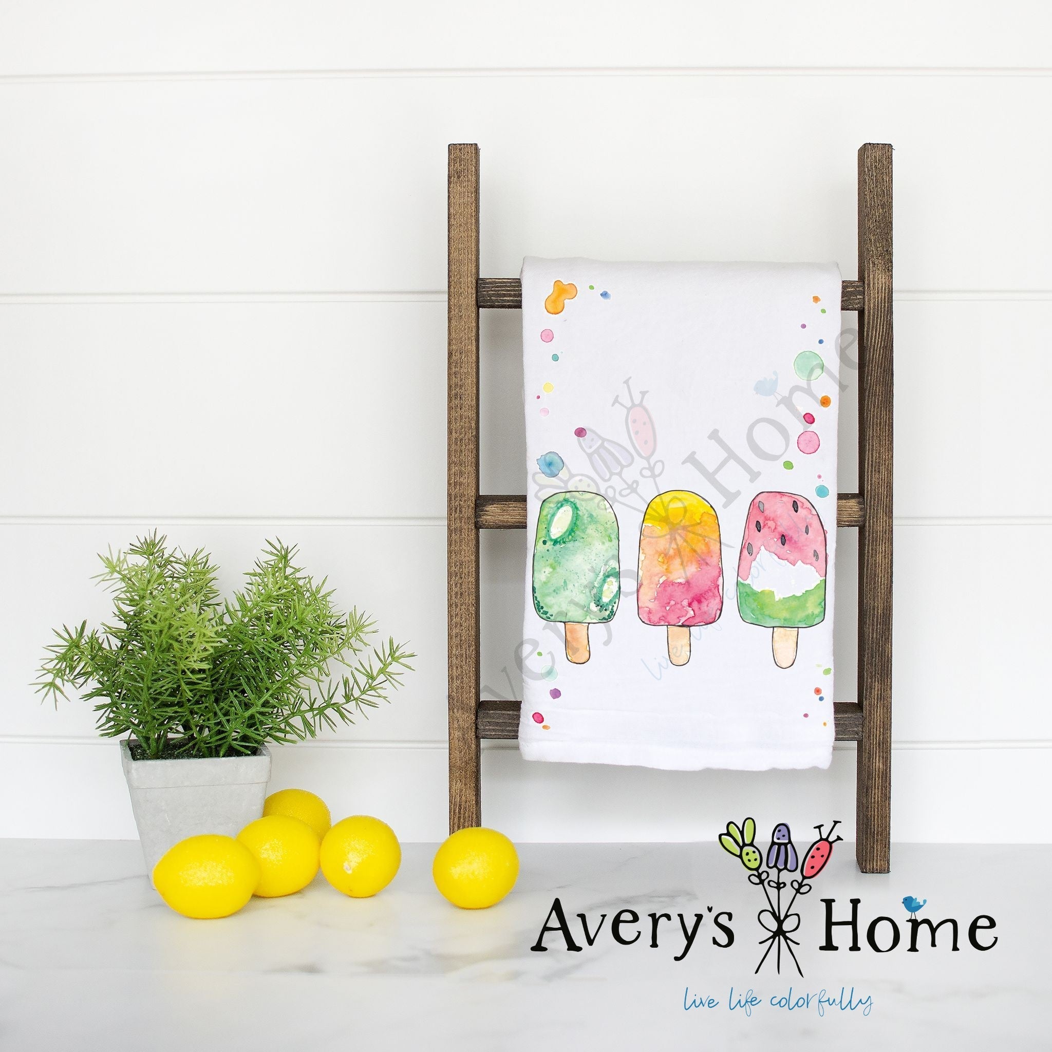 Summer Fruit Popsicles flour sack dish towel, art by Avery Jackson