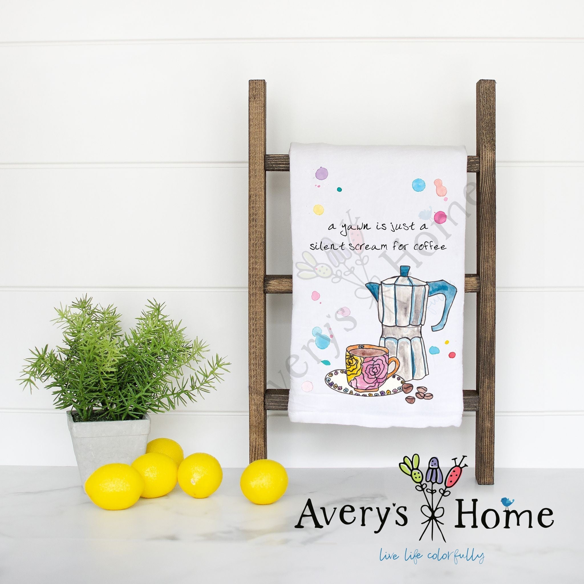 I Need Coffee flour sack dish towel, art by Avery Jackson