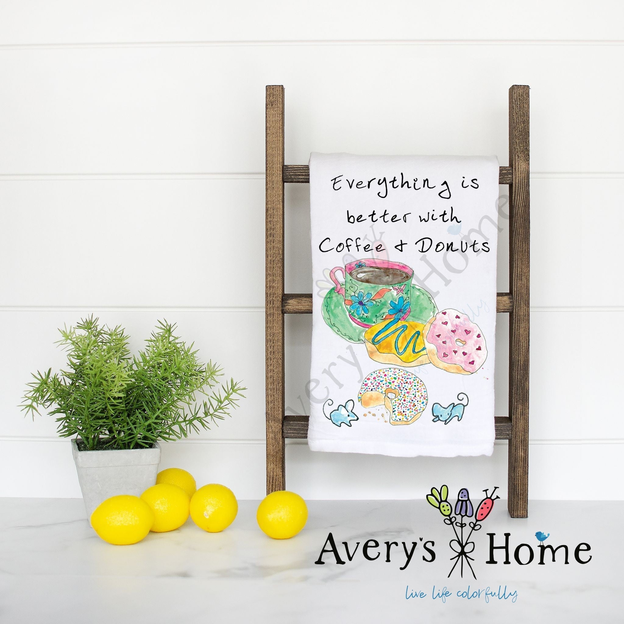 Coffee & Donuts flour sack dish towel, art by Avery Jackson