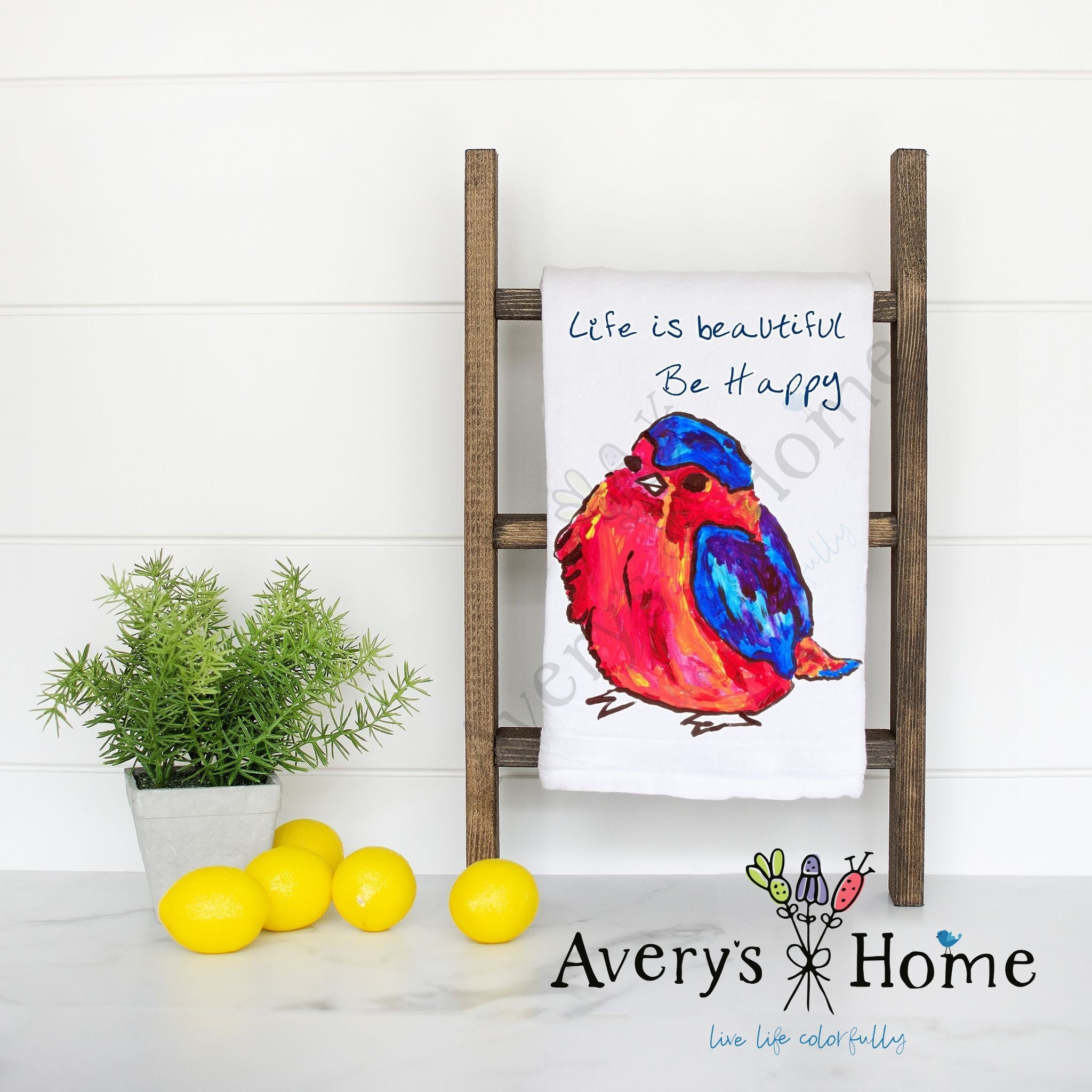 Life is Beautiful Bird flour sack dish towel, art by Avery Jackson