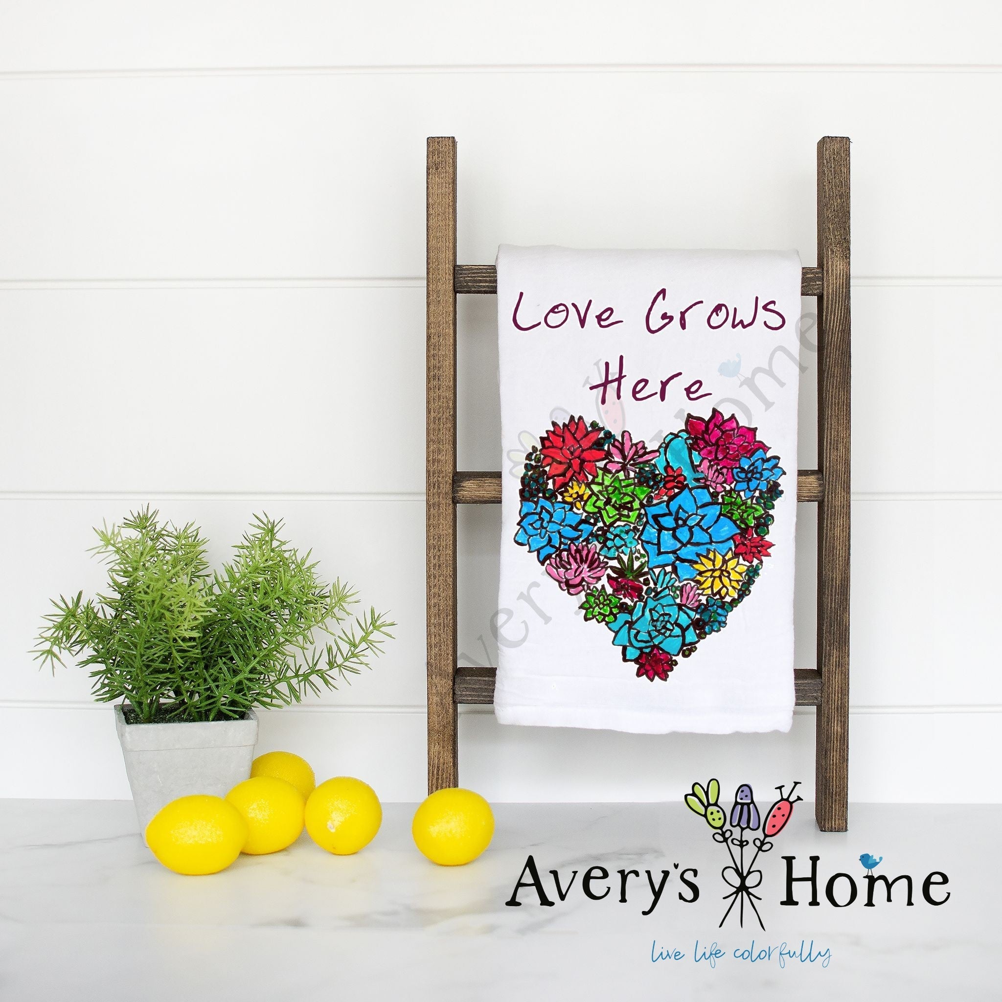 Love Grows Here flour sack dish towel, art by Avery Jackson