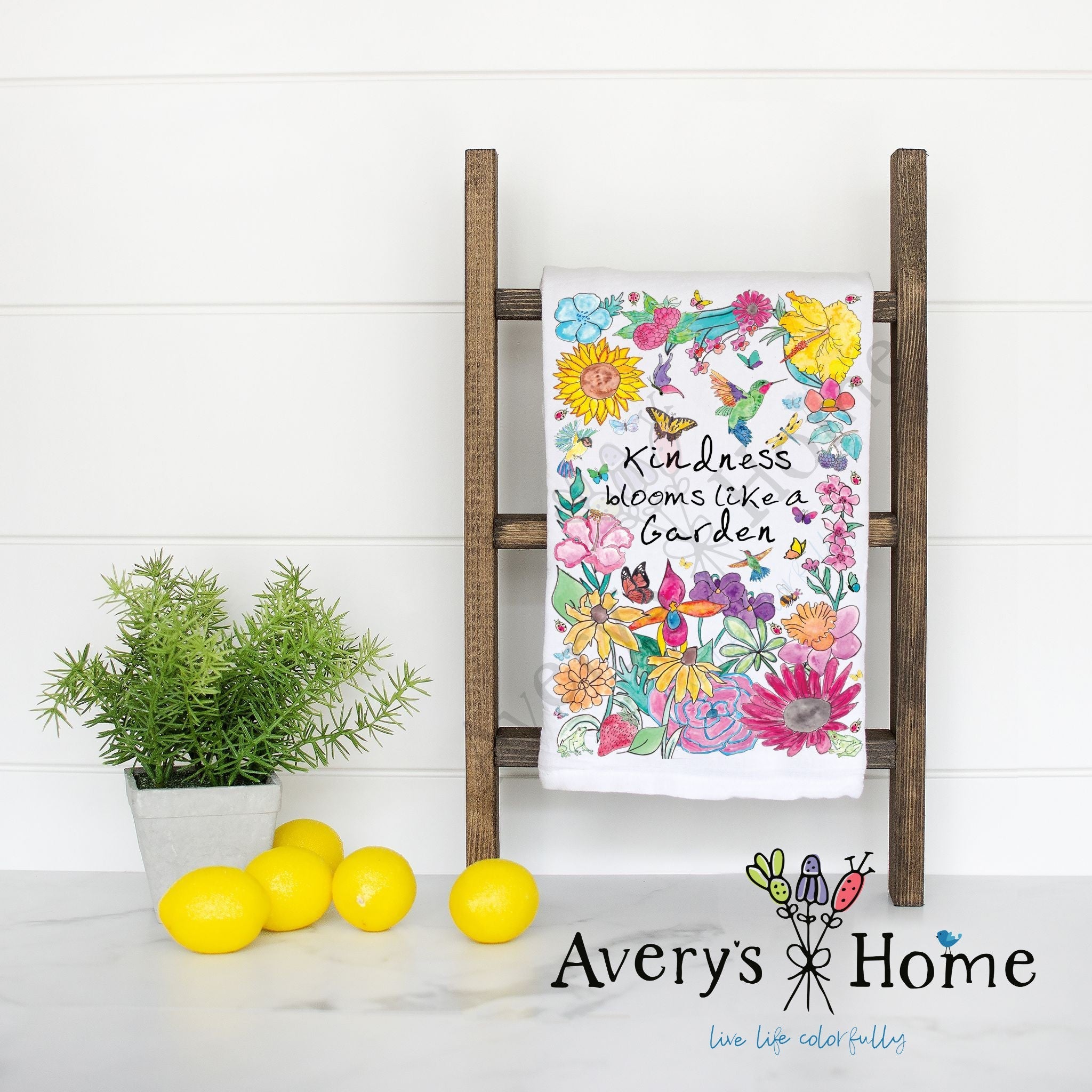 Kindness Blooms Garden flour sack dish towel, art by Avery Jackson