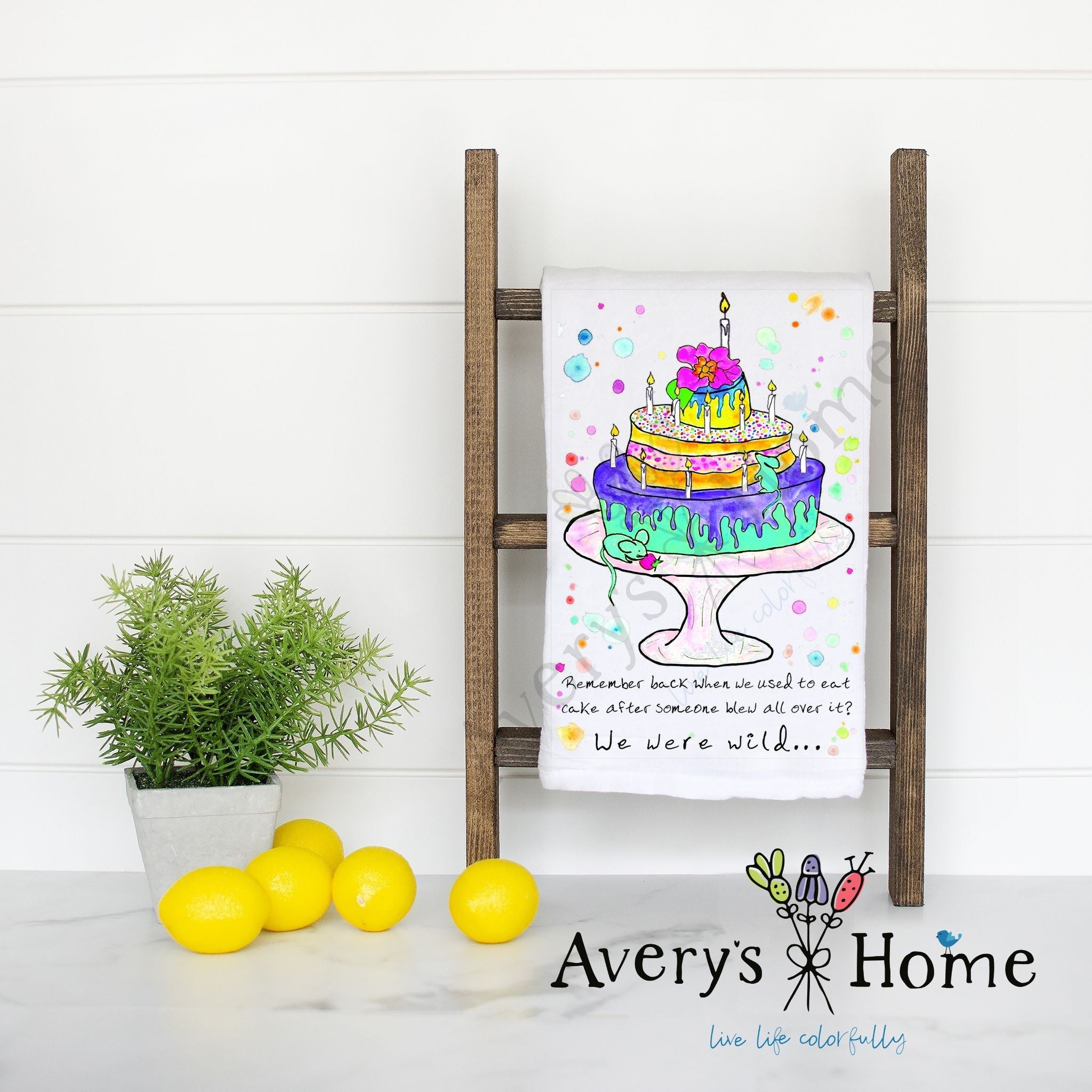 We were Wild Birthday Cake flour sack dish towel, art by Avery Jackson