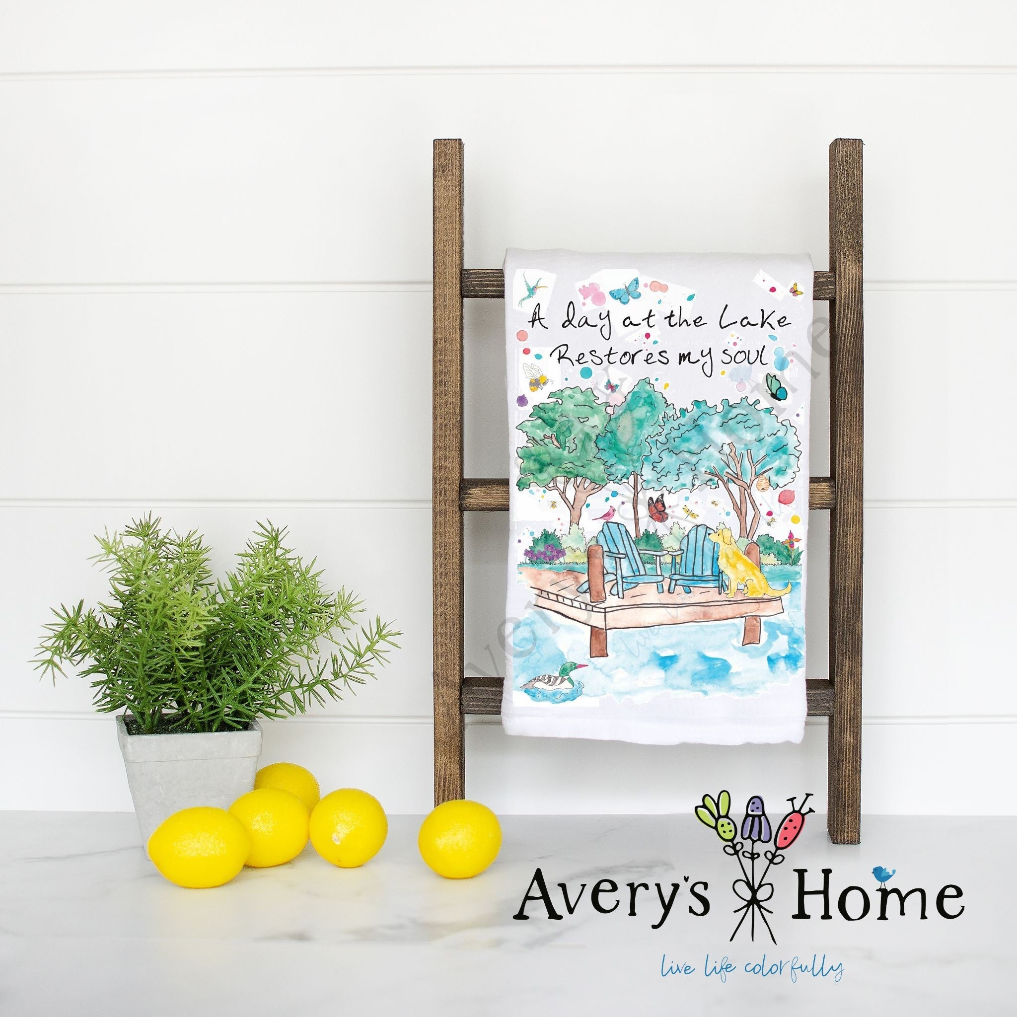 A Day at the Lake flour sack dish towel, art by Avery Jackson