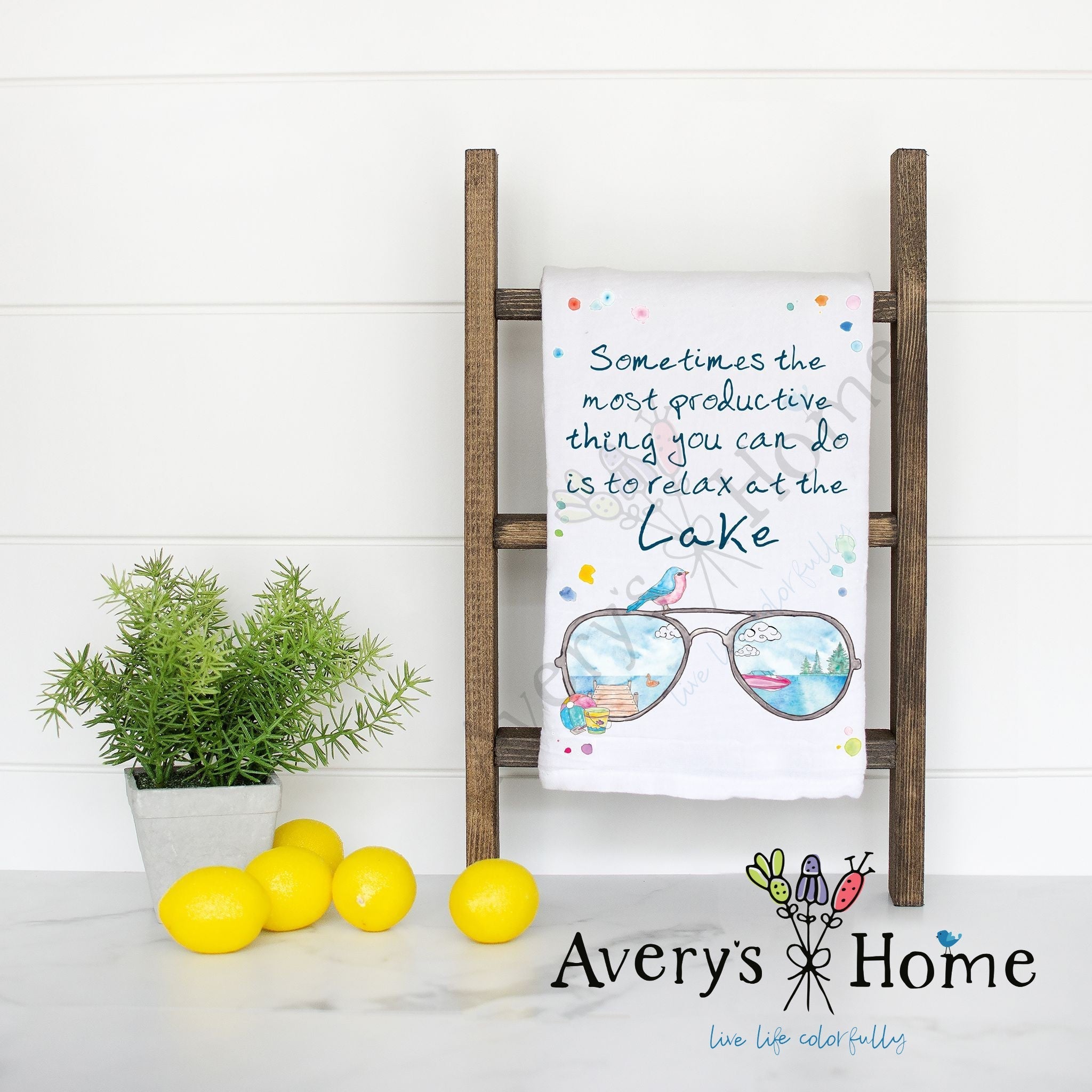 Sunglasses Relax at the Lake flour sack dish towel, art by Avery Jackson