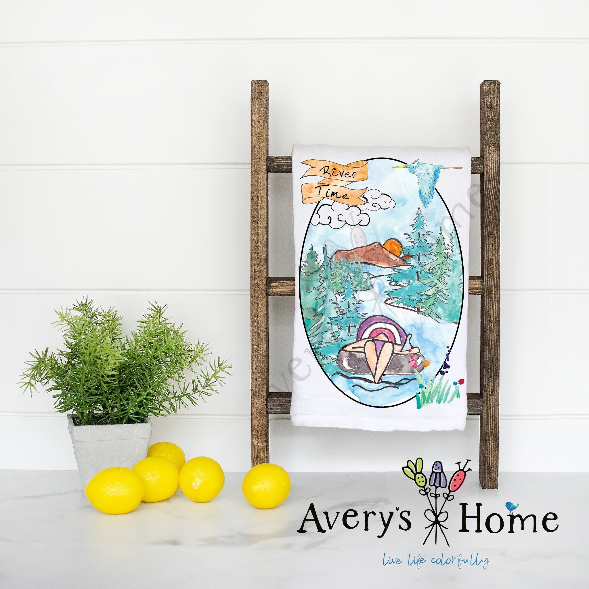 River Time flour sack dish towel, art by Avery Jackson