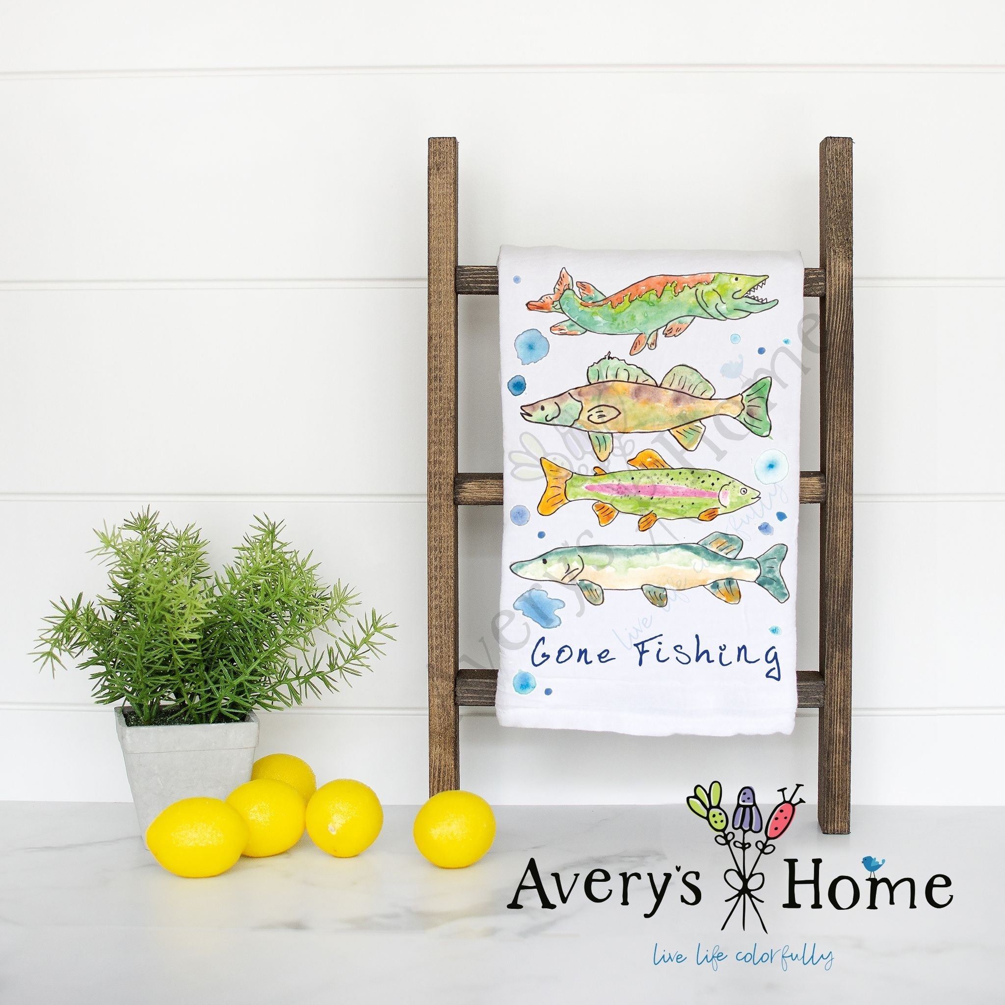 Gone Fishing flour sack dish towel, art by Avery Jackson