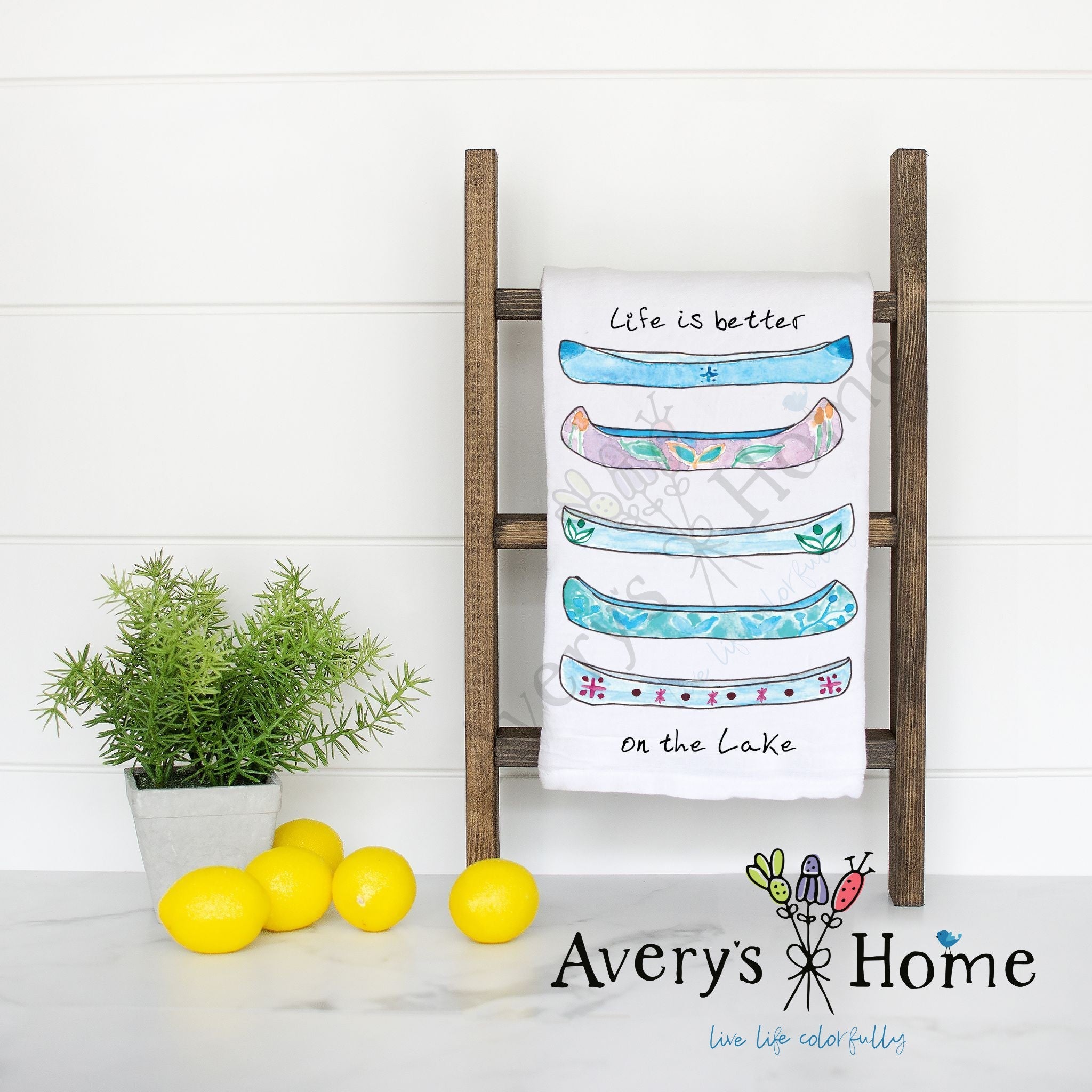 Lake Life and Canoes flour sack dish towel, art by Avery Jackson
