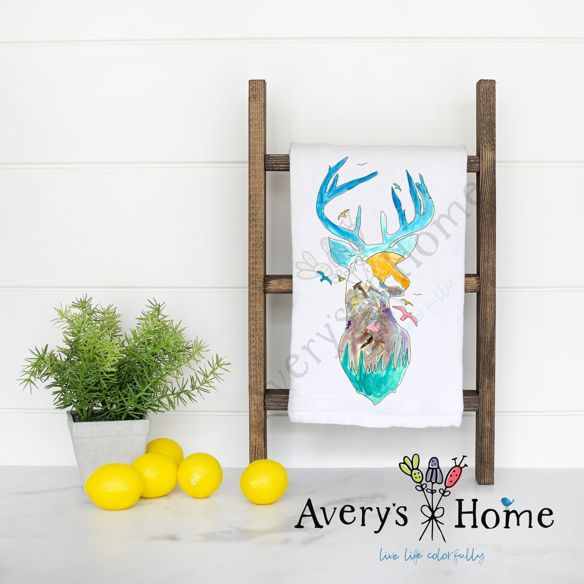 Mountain Deer flour sack dish towel, art by Avery Jackson