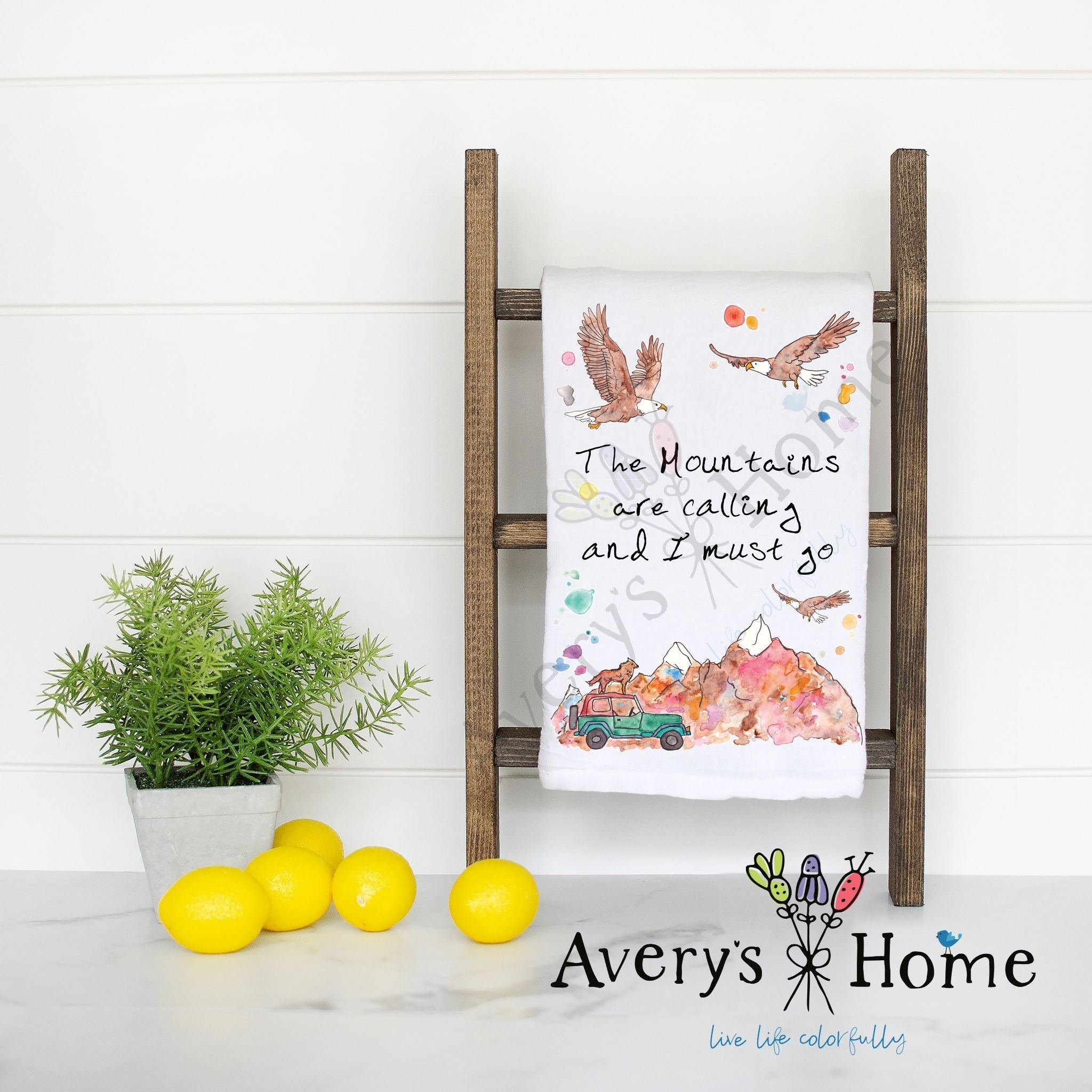 Mountains are Calling flour sack dish towel, art by Avery Jackson
