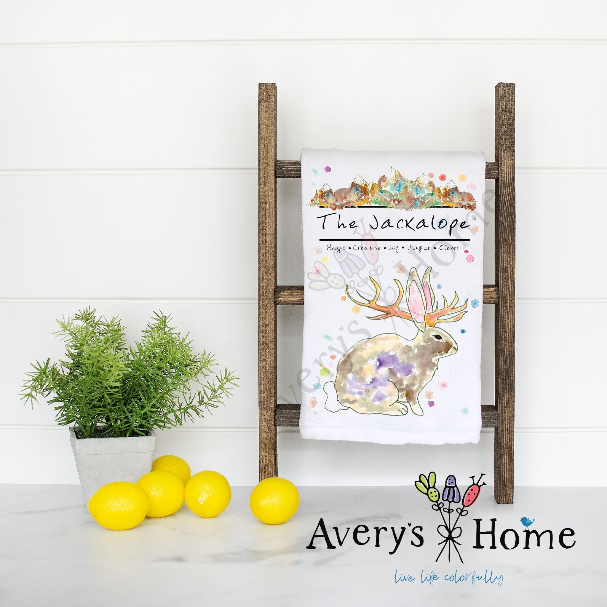 Mountain Jackalope flour sack dish towel, art by Avery Jackson