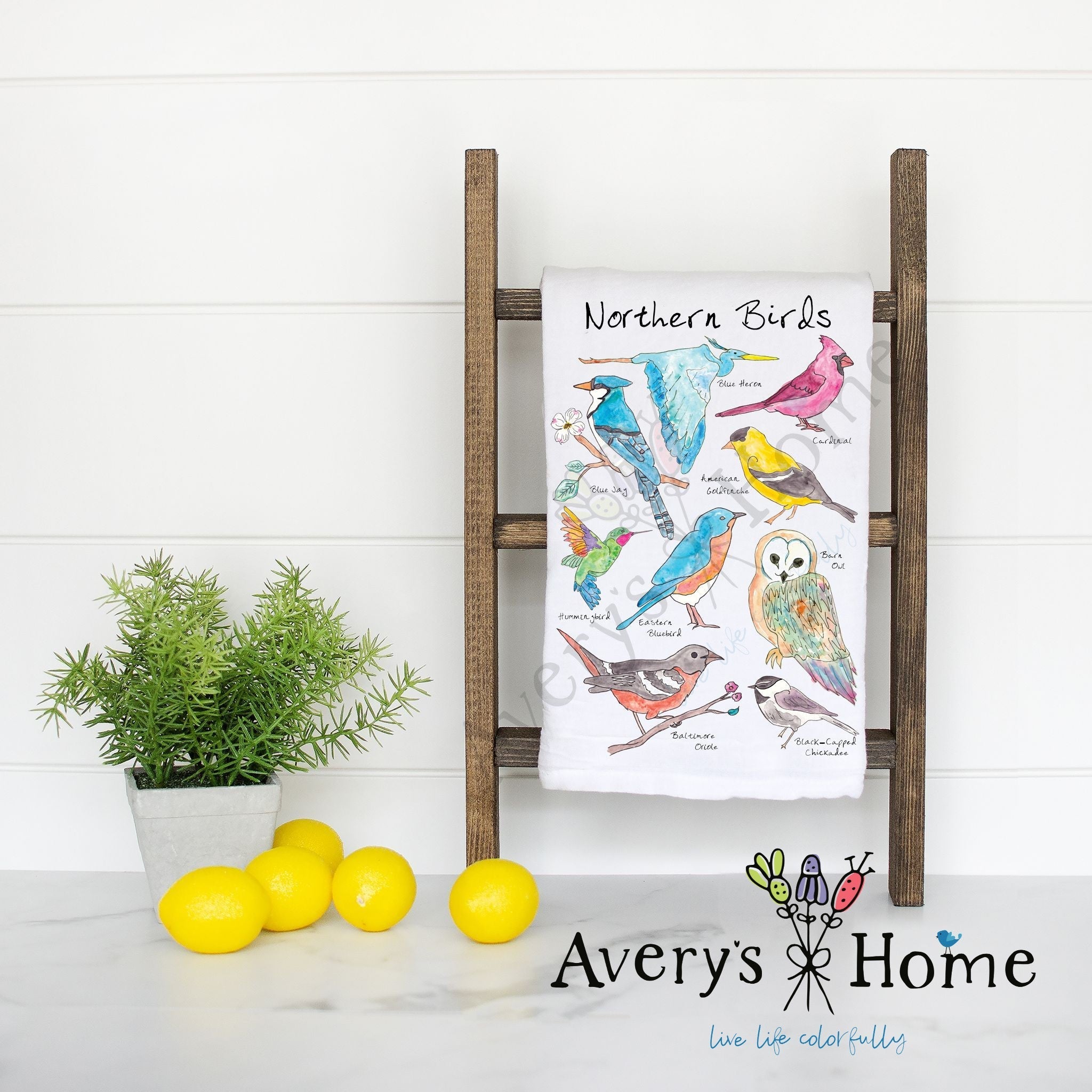 Northern Bird Watching flour sack dish towel, art by Avery Jackson