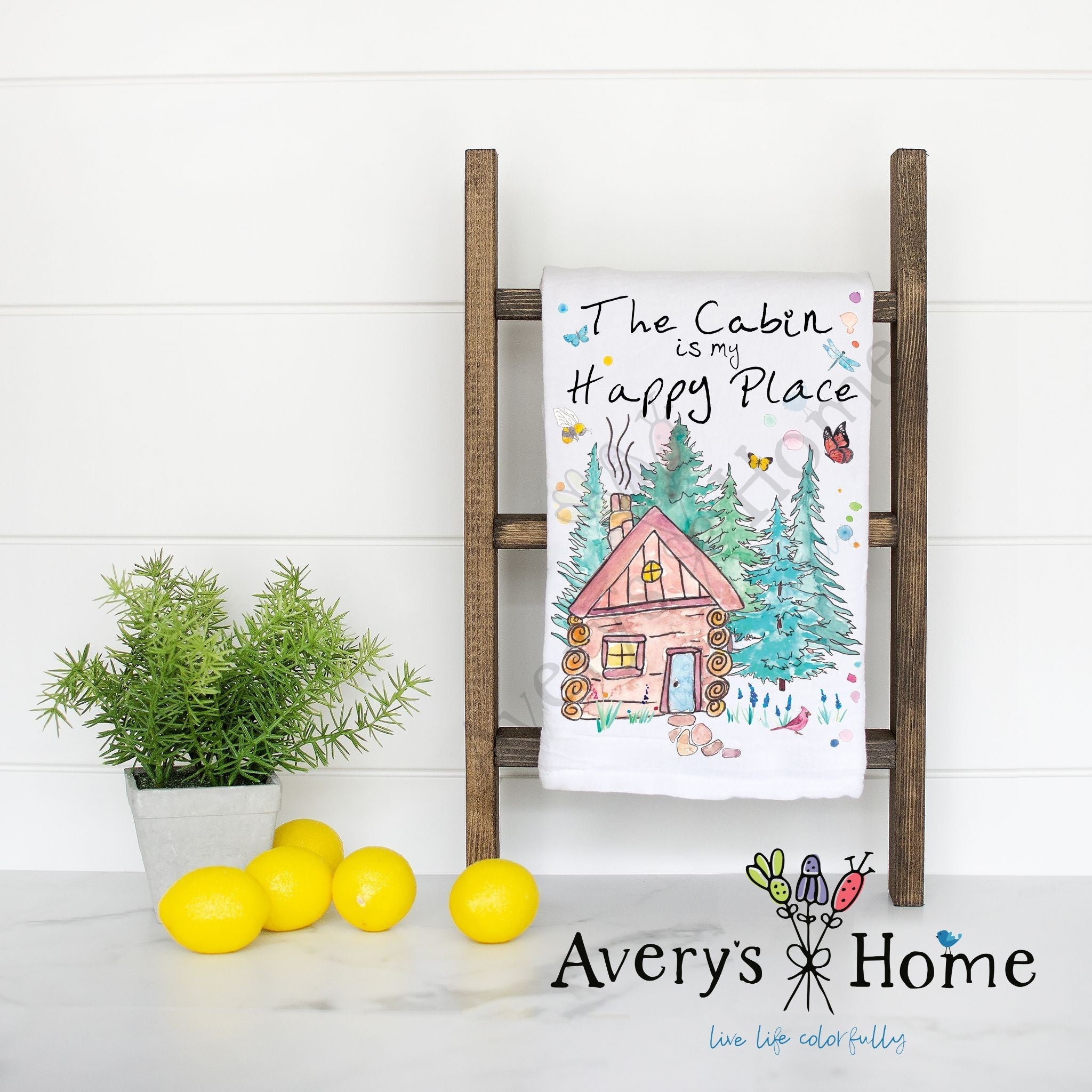 The Cabin is My Happy Place flour sack dish towel, art by Avery Jackson