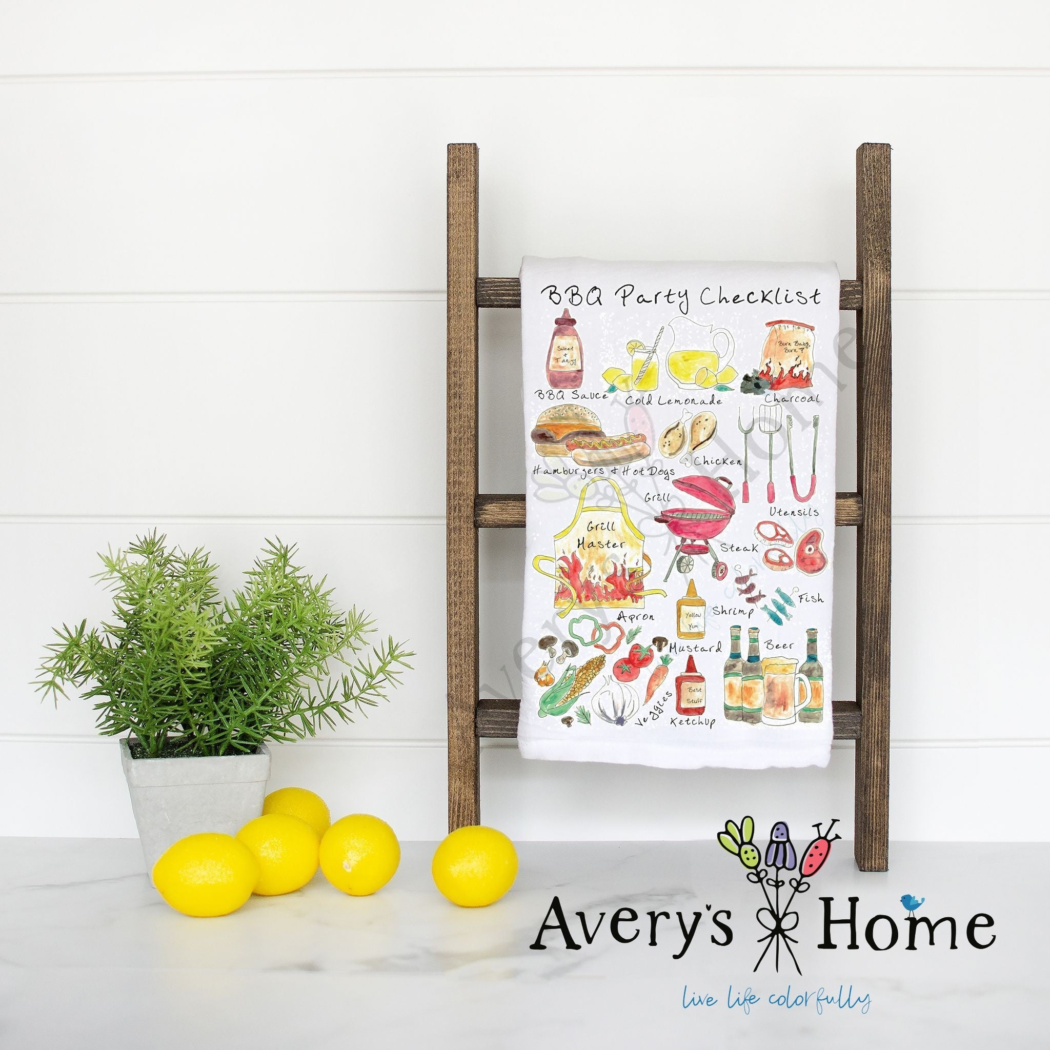 BBQ Party Checklist flour sack dish towel, art by Avery Jackson