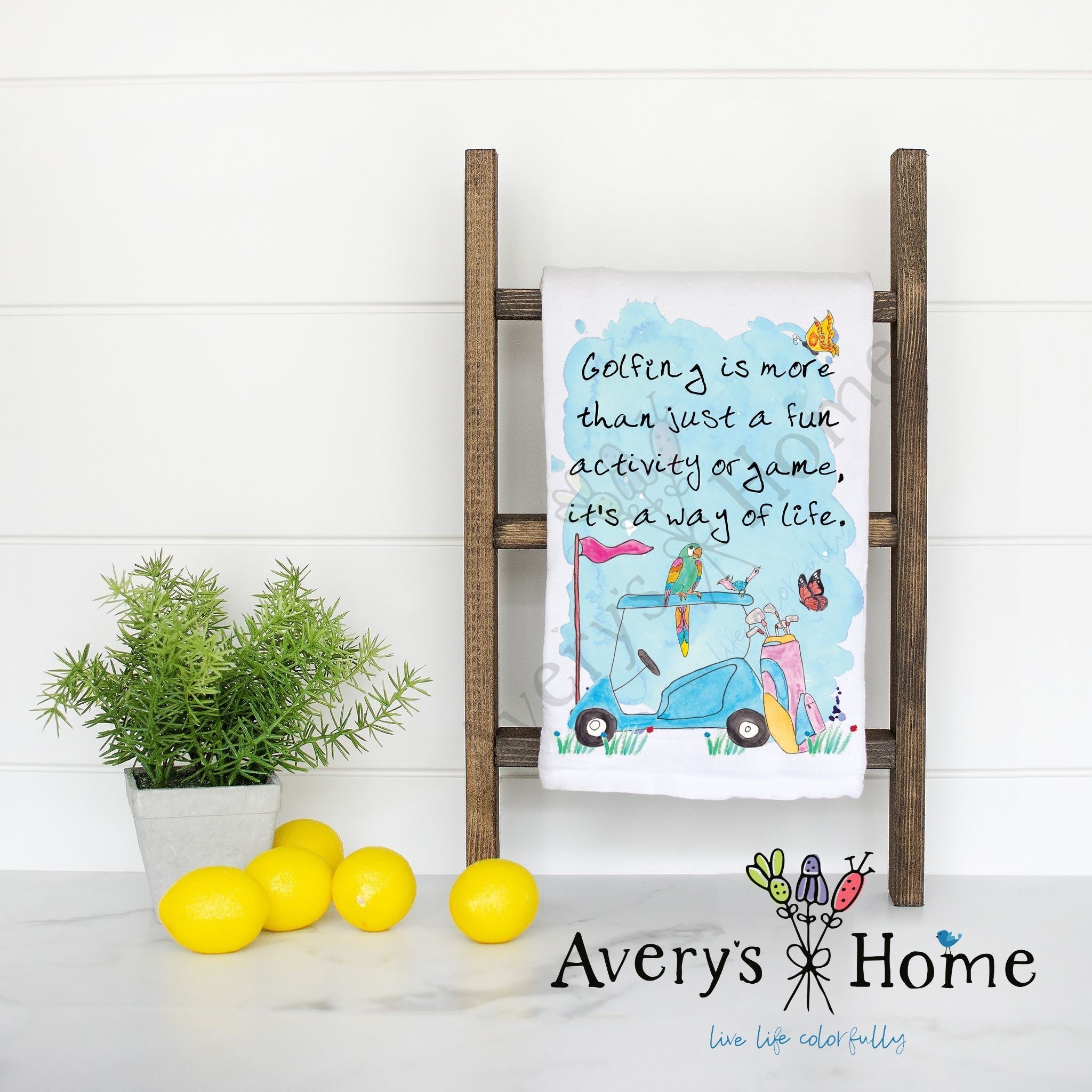 Golfing is a Lifestyle flour sack dish towel, art by Avery Jackson