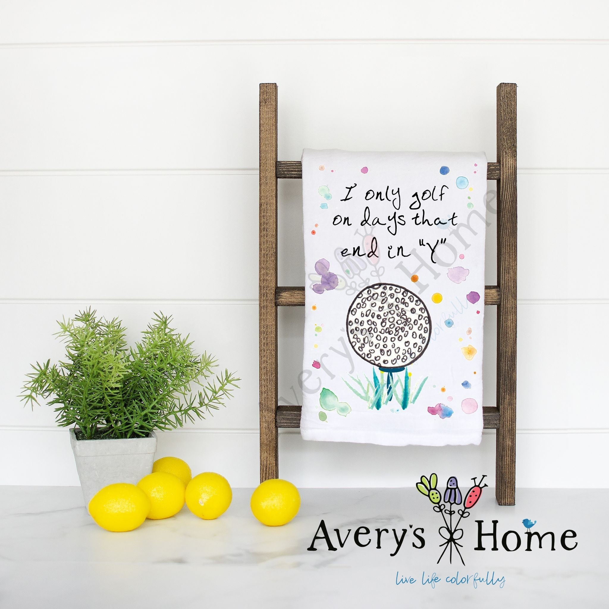Golfing on Days that End in Y flour sack dish towel, art by Avery Jackson