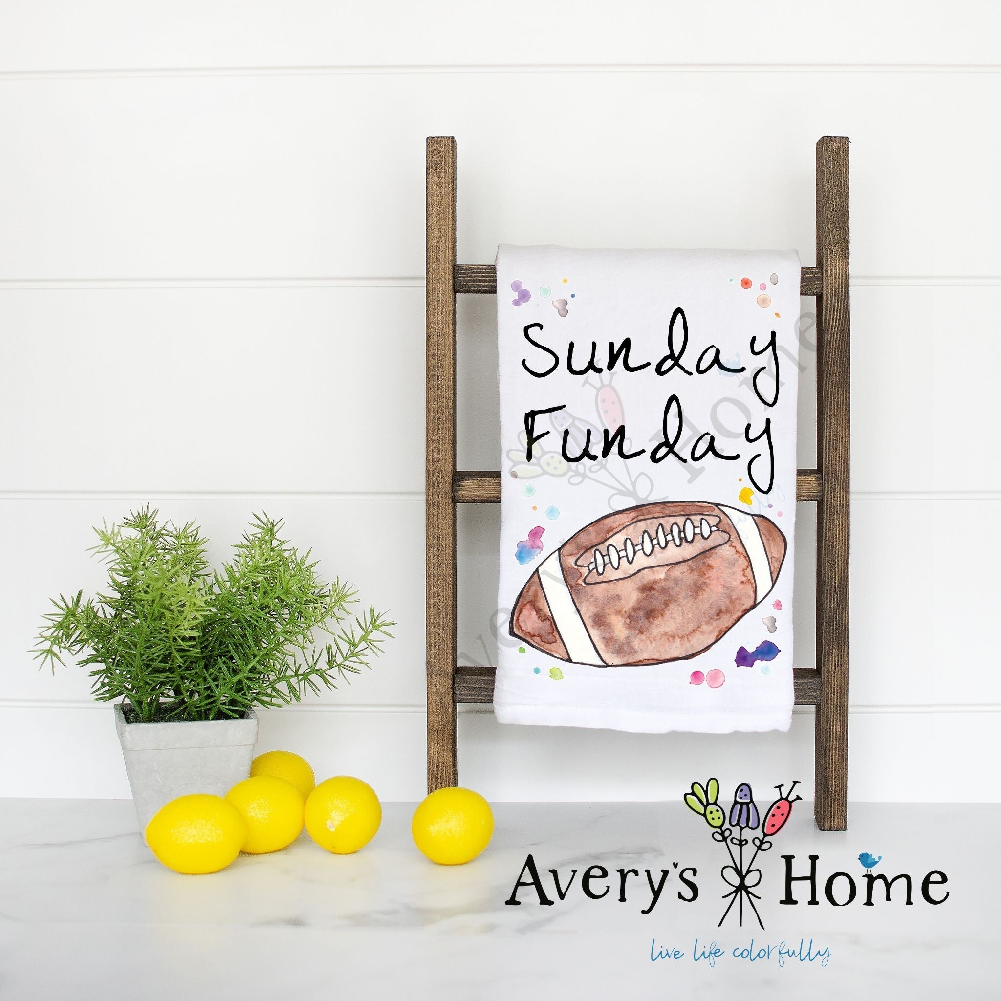 Football Sunday Funday flour sack dish towel, art by Avery Jackson