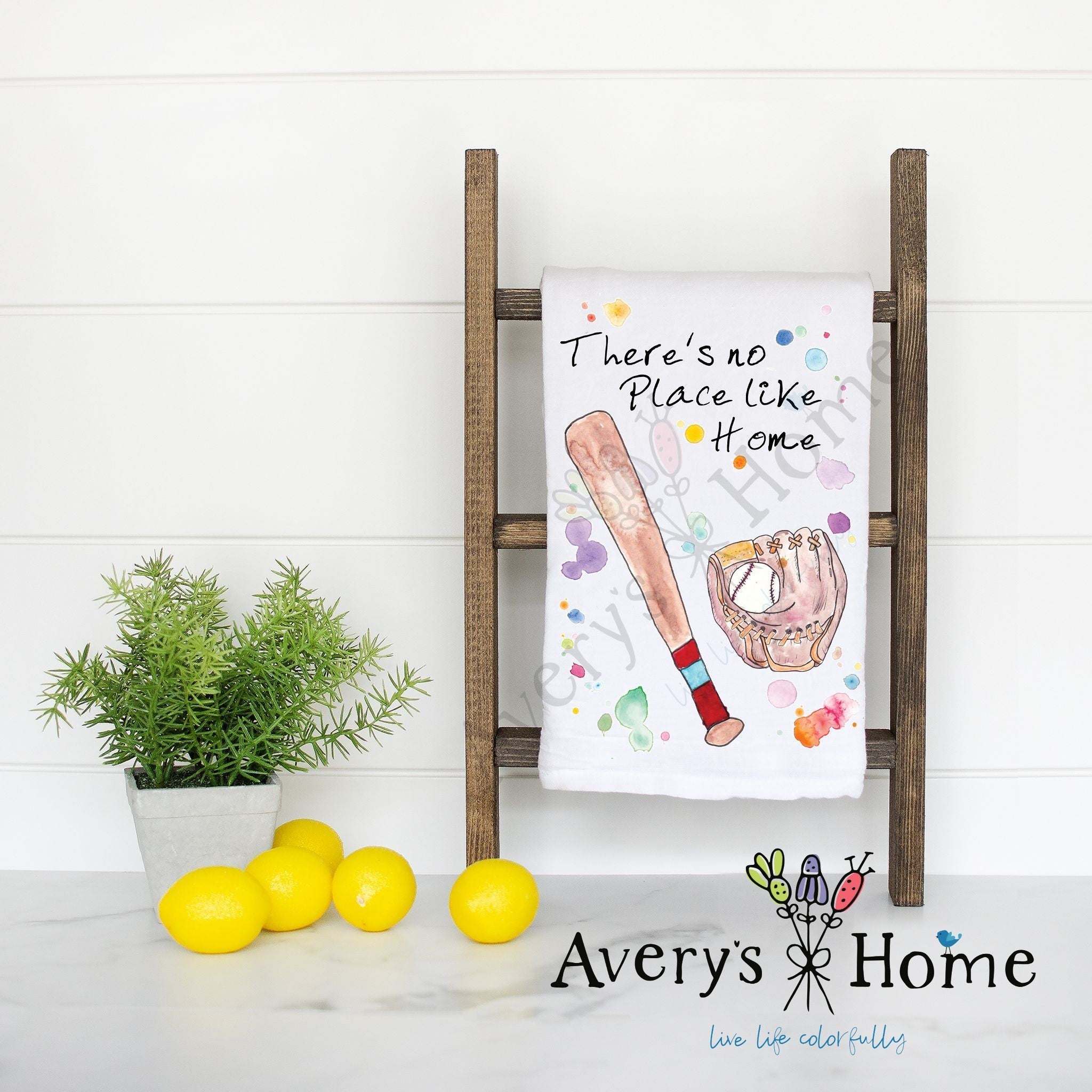 Baseball No Place Like Home flour sack dish towel, art by Avery Jackson