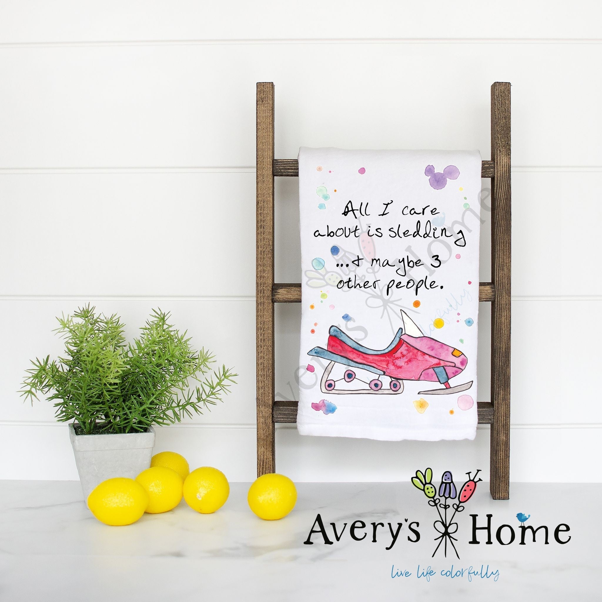 Sledding People flour sack dish towel, art by Avery Jackson