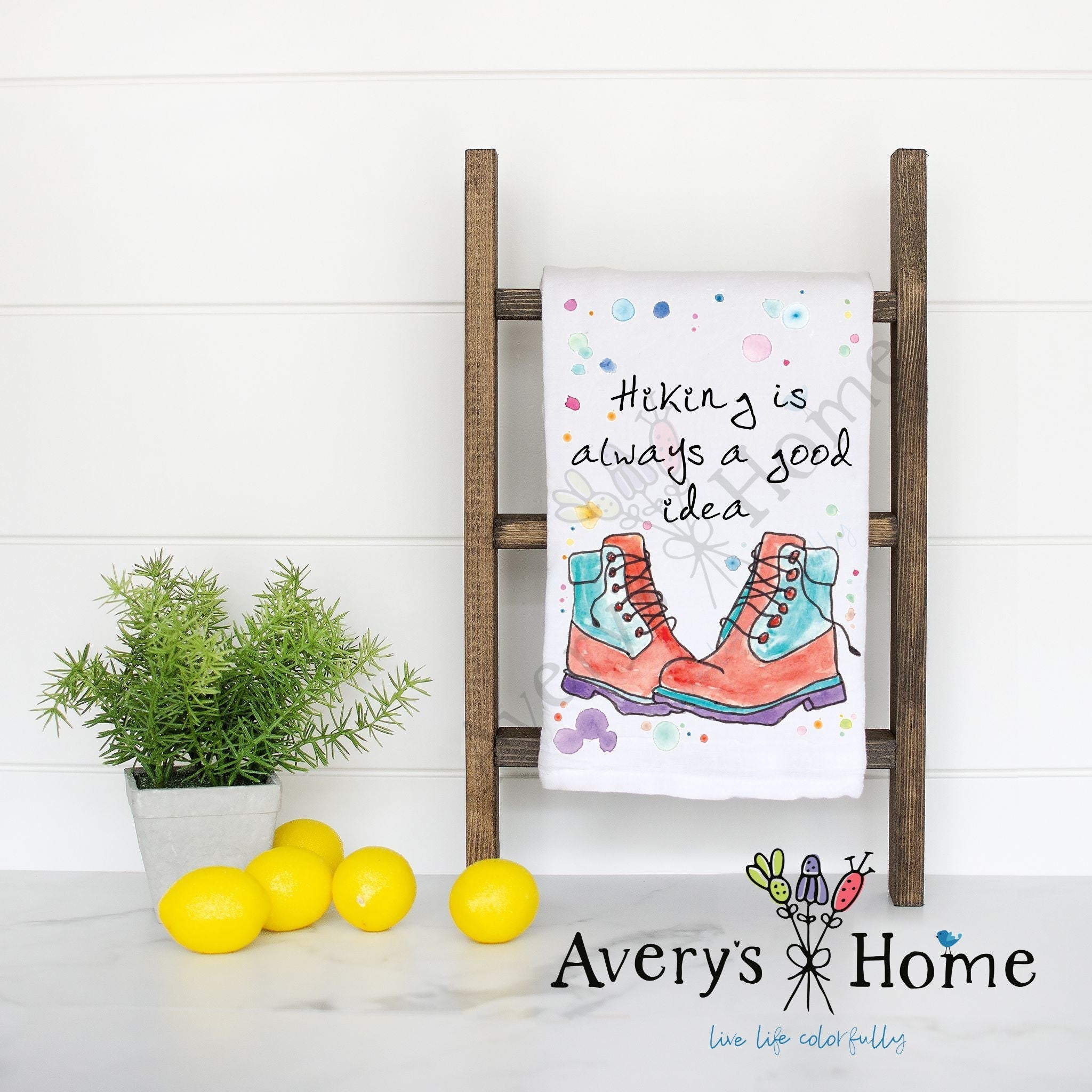 Hiking is Always a Good Idea flour sack dish towel, art by Avery Jackson