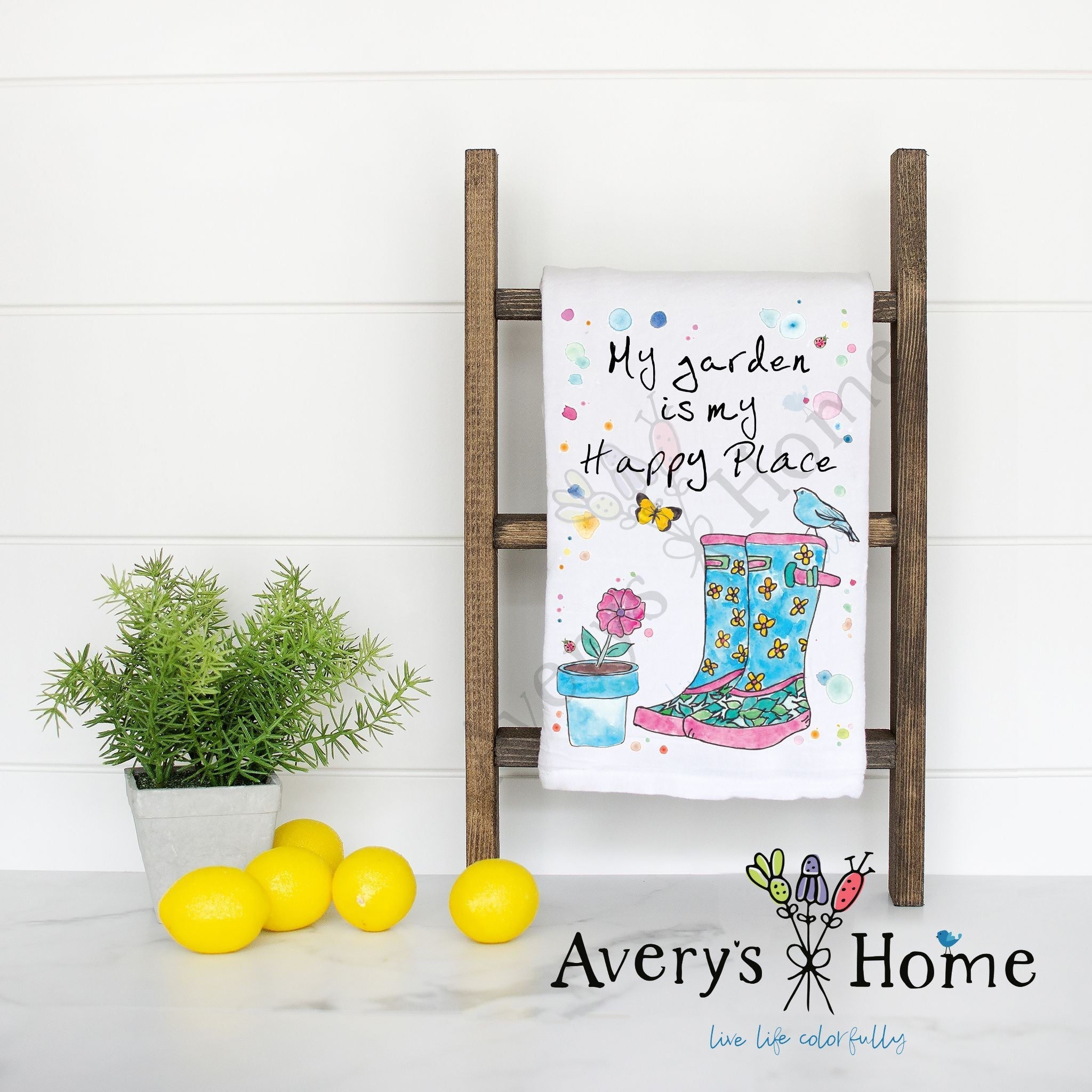 Gardening is My Happy Place flour sack dish towel, art by Avery Jackson