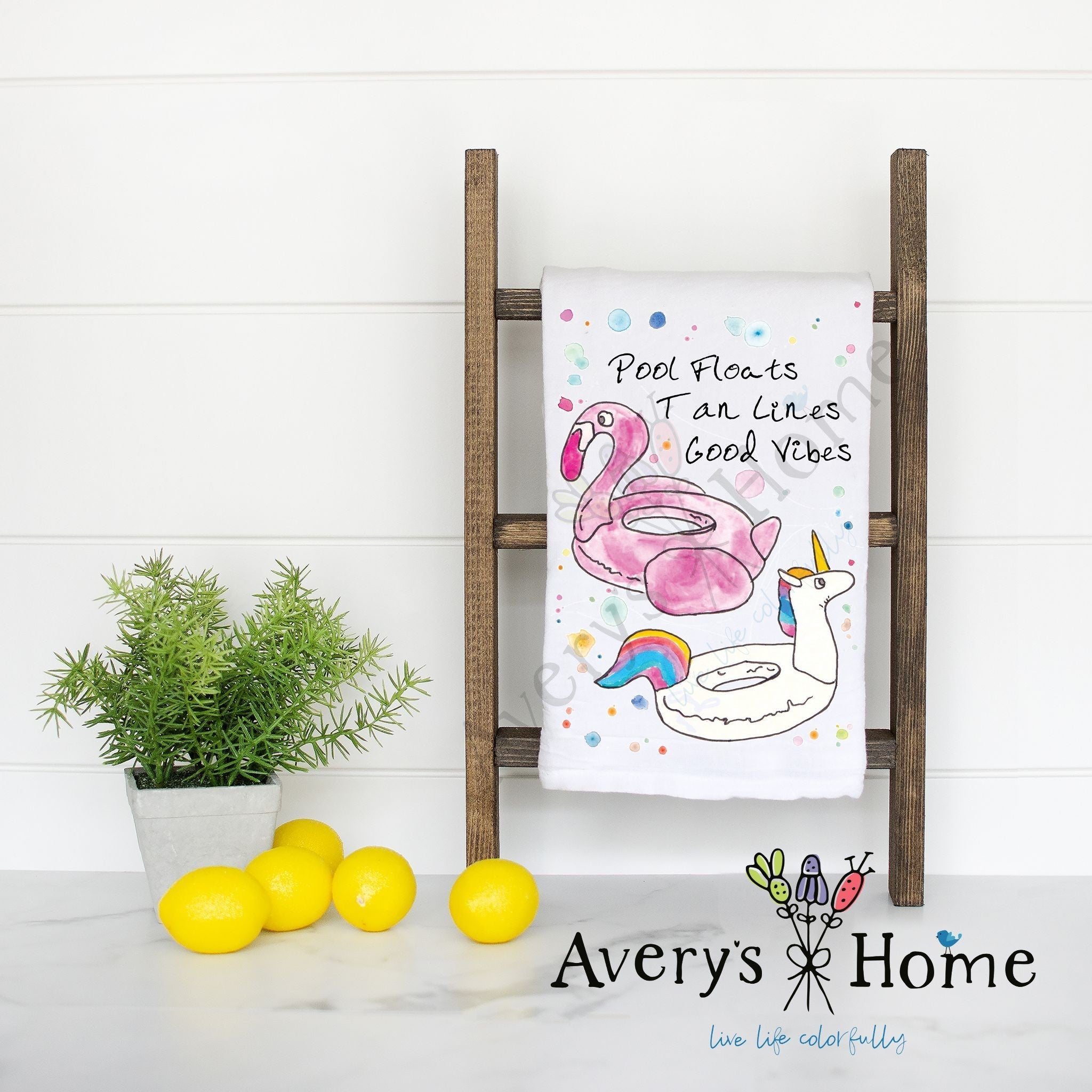 Pool Floats flour sack dish towel, art by Avery Jackson