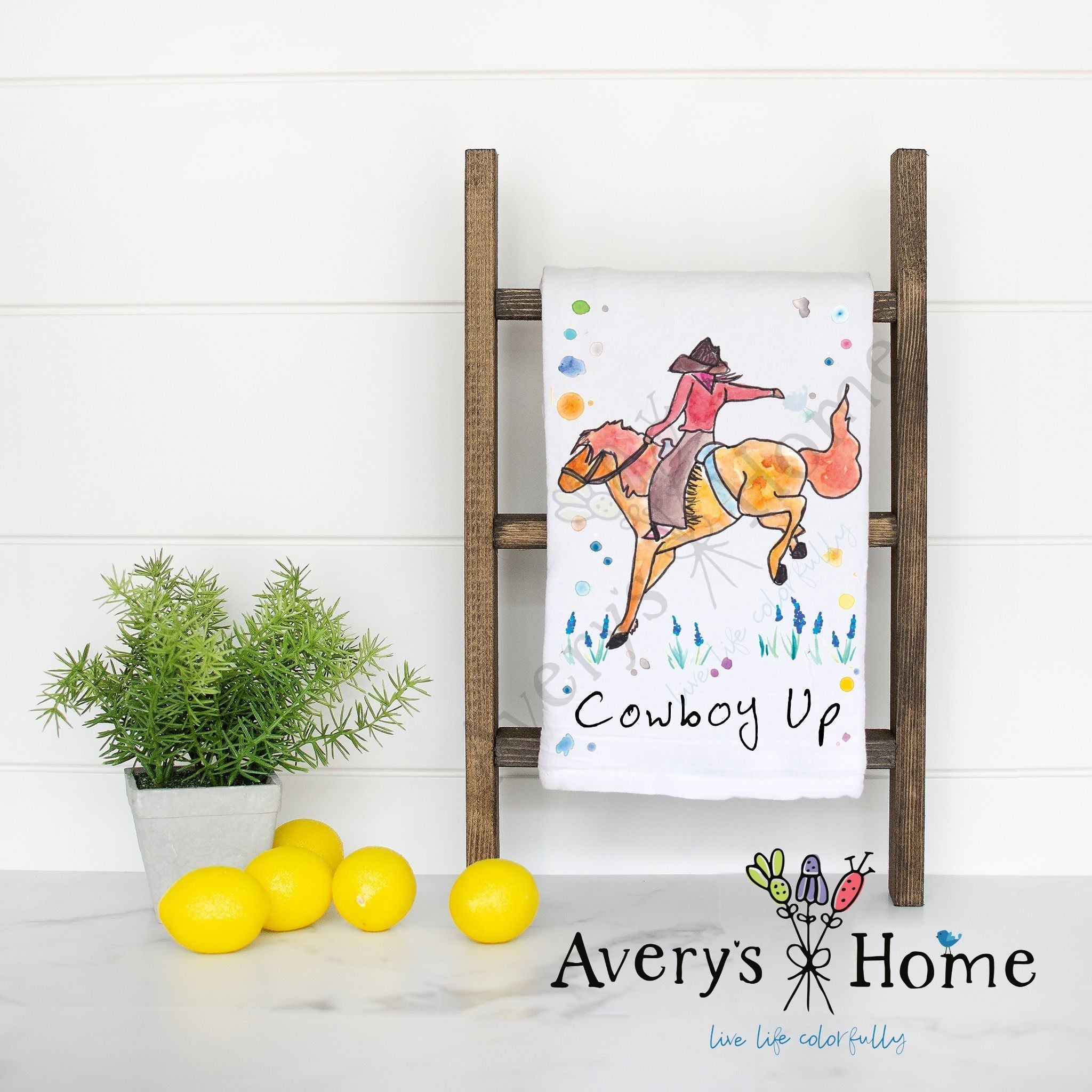 Cowboy Up flour sack dish towel, art by Avery Jackson