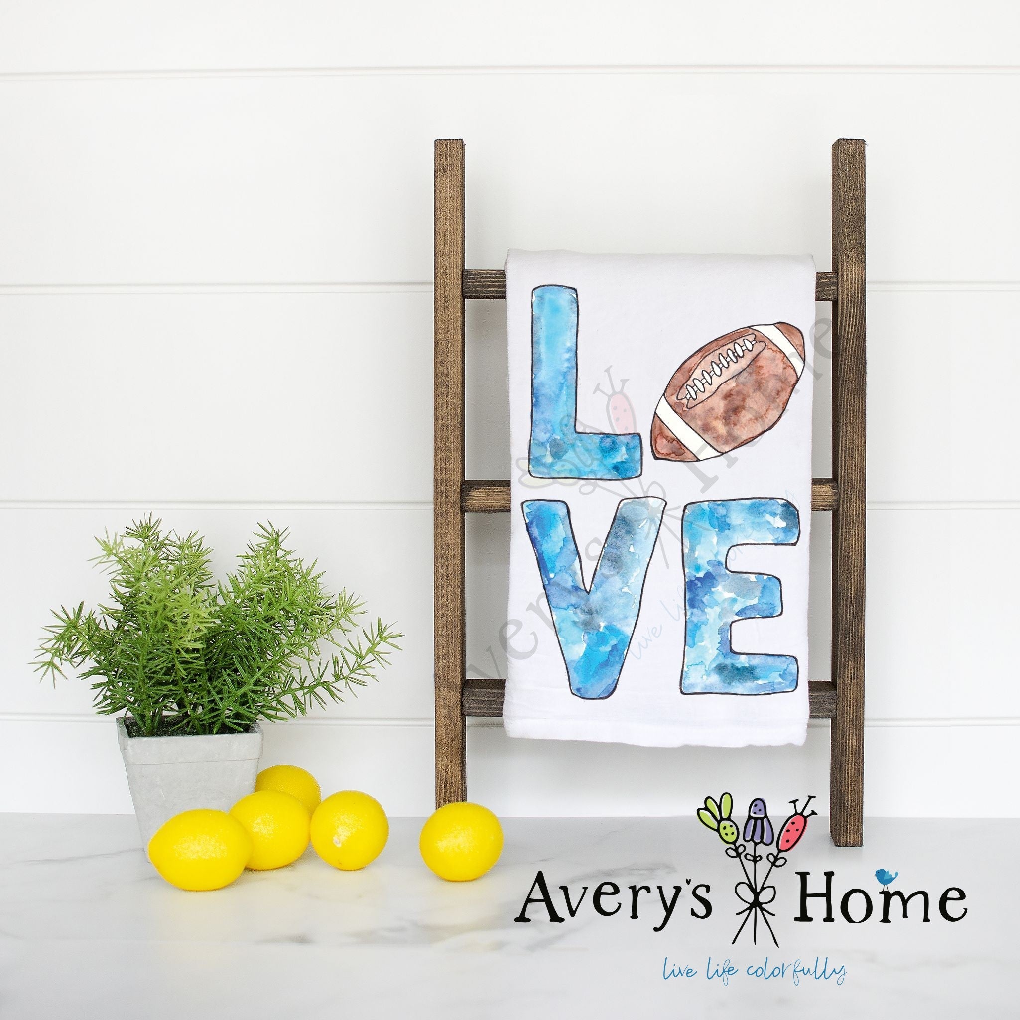 Football LOVE flour sack dish towel, art by Avery Jackson
