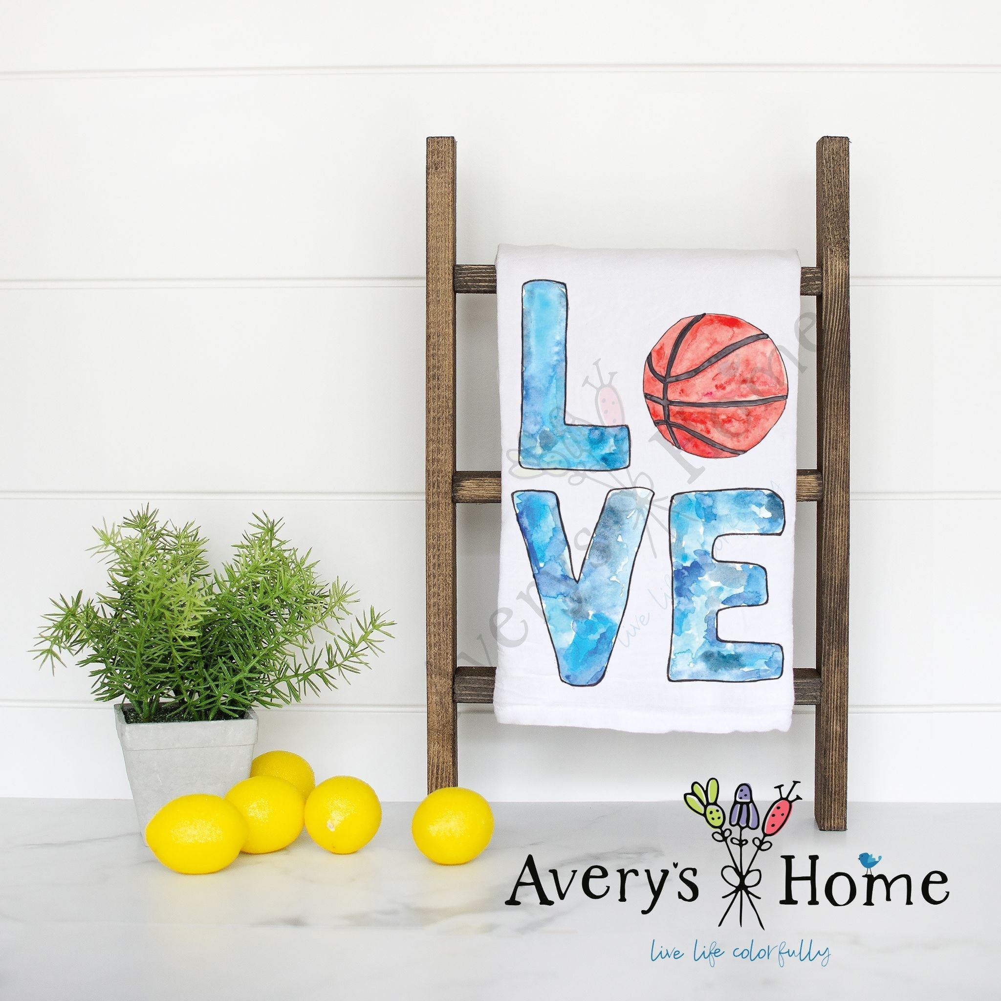Basketball LOVE flour sack dish towel, art by Avery Jackson