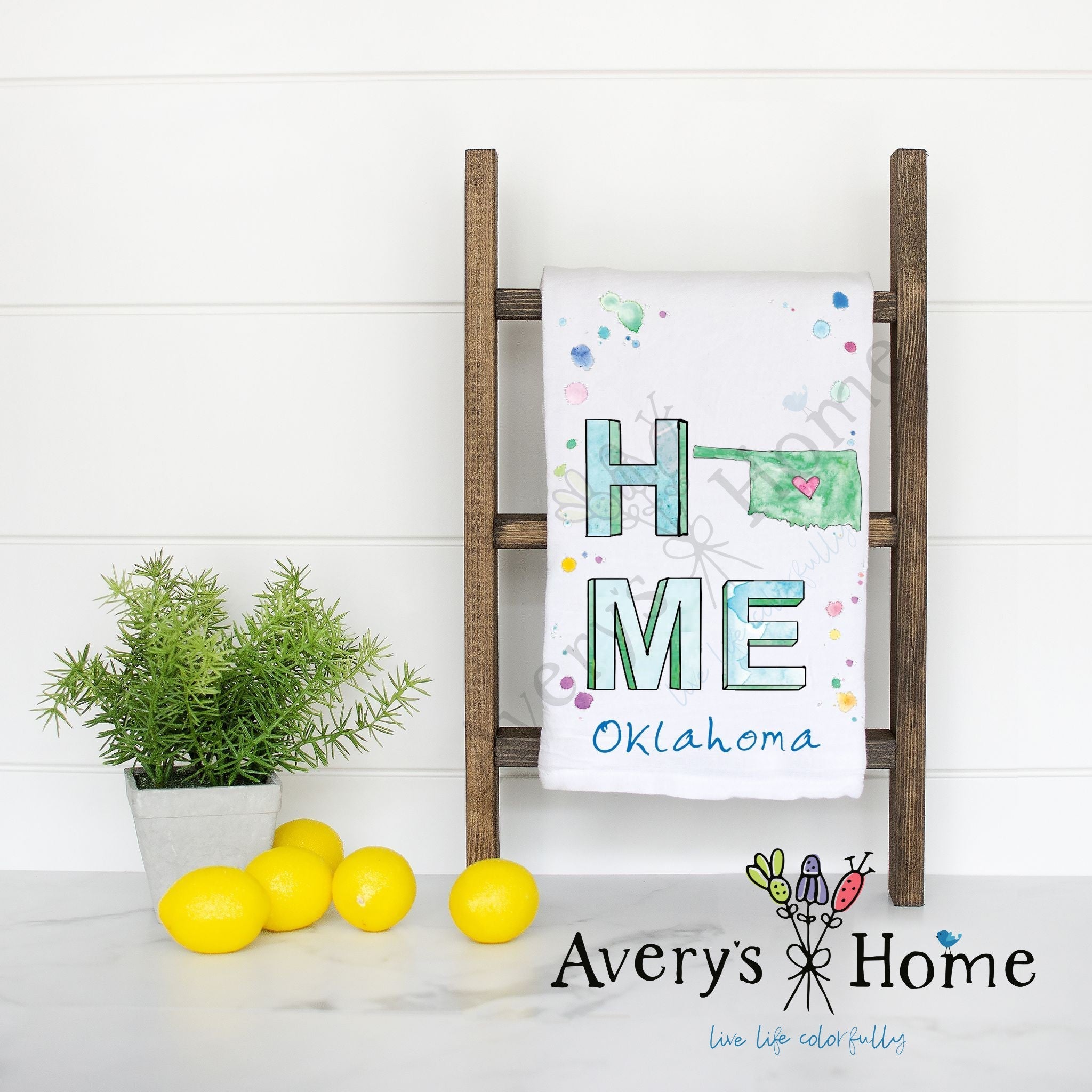 HOME in Oklahoma flour sack dish towel, art by Avery Jackson