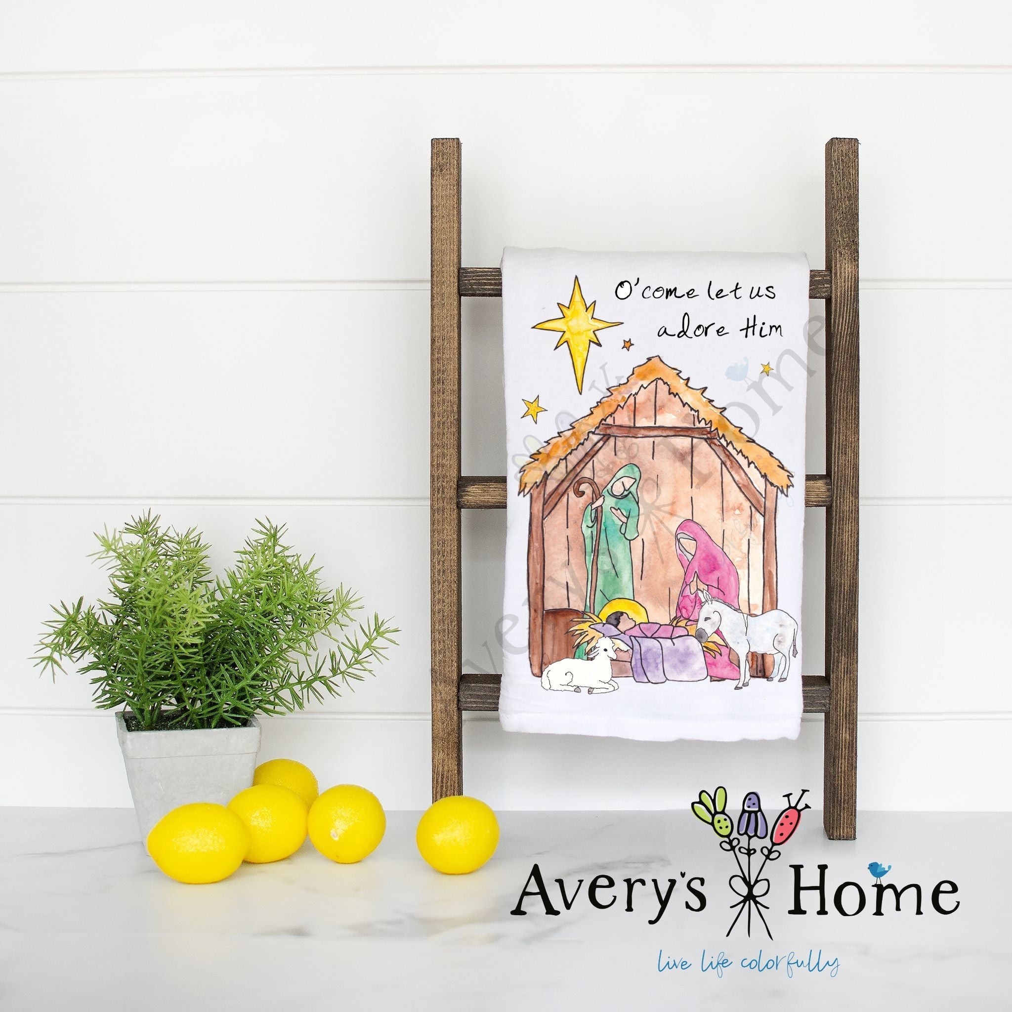 Christmas Nativity flour sack dish towel, art by Avery Jackson