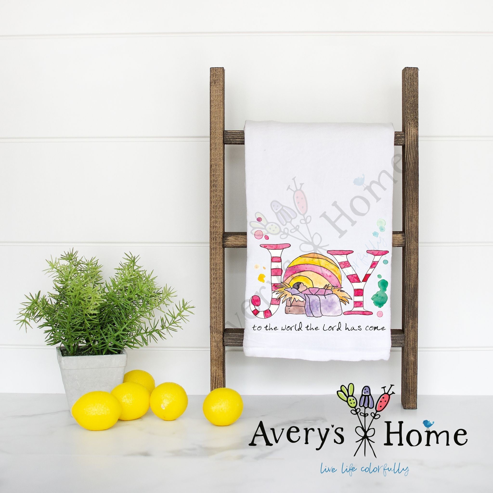 Christmas Nativity Joy flour sack dish towel, art by Avery Jackson