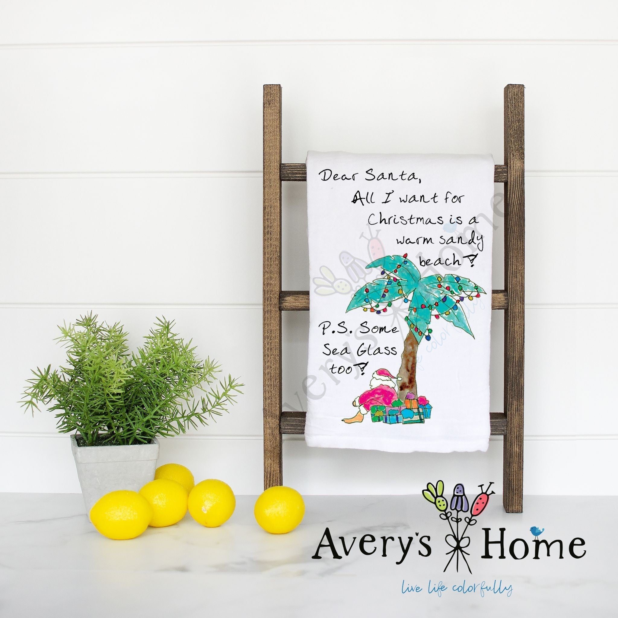 Dear Santa Coastal Christmas flour sack dish towel, art by Avery Jackson