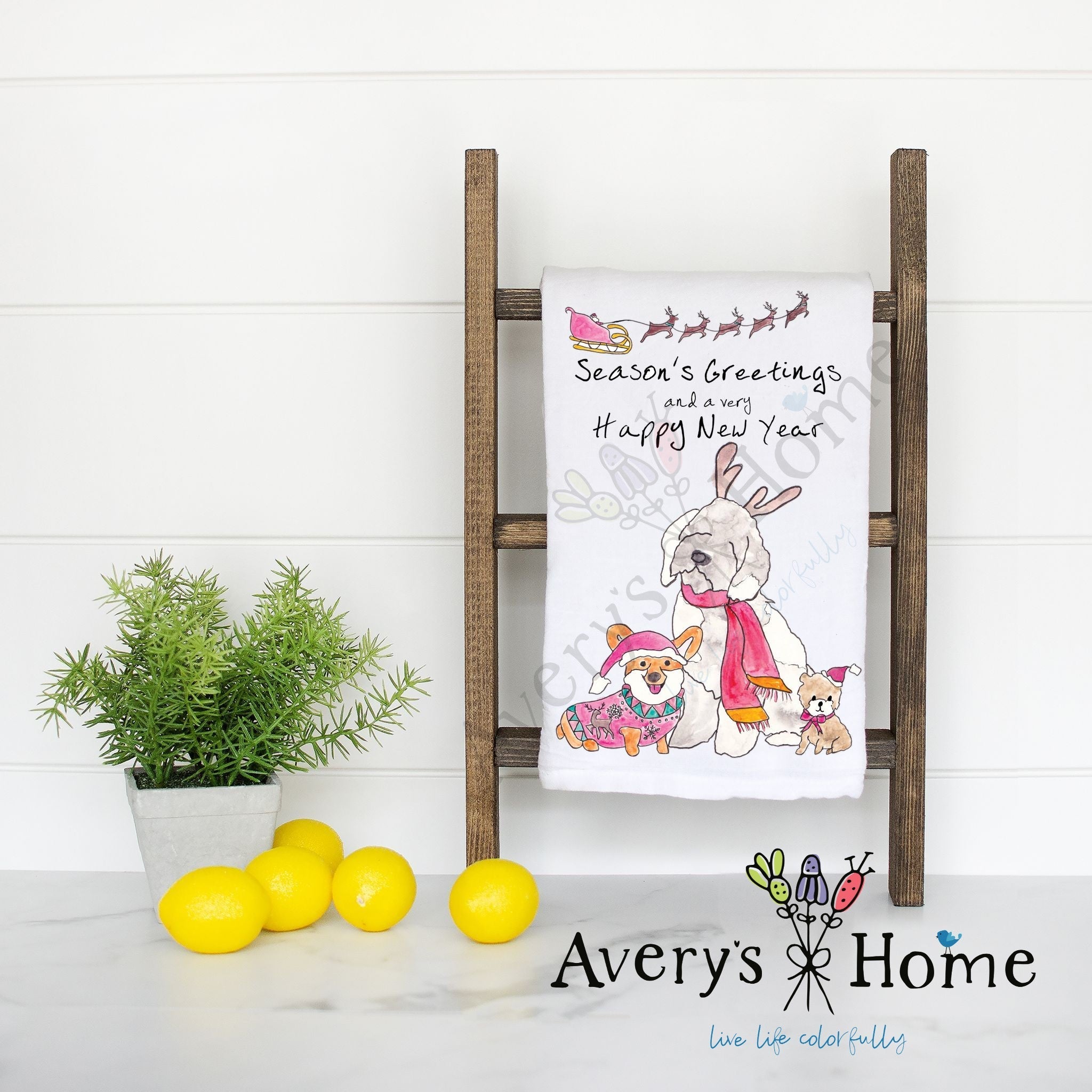 Season's Greetings and Happy New Year flour sack dish towel, art by Avery Jackson