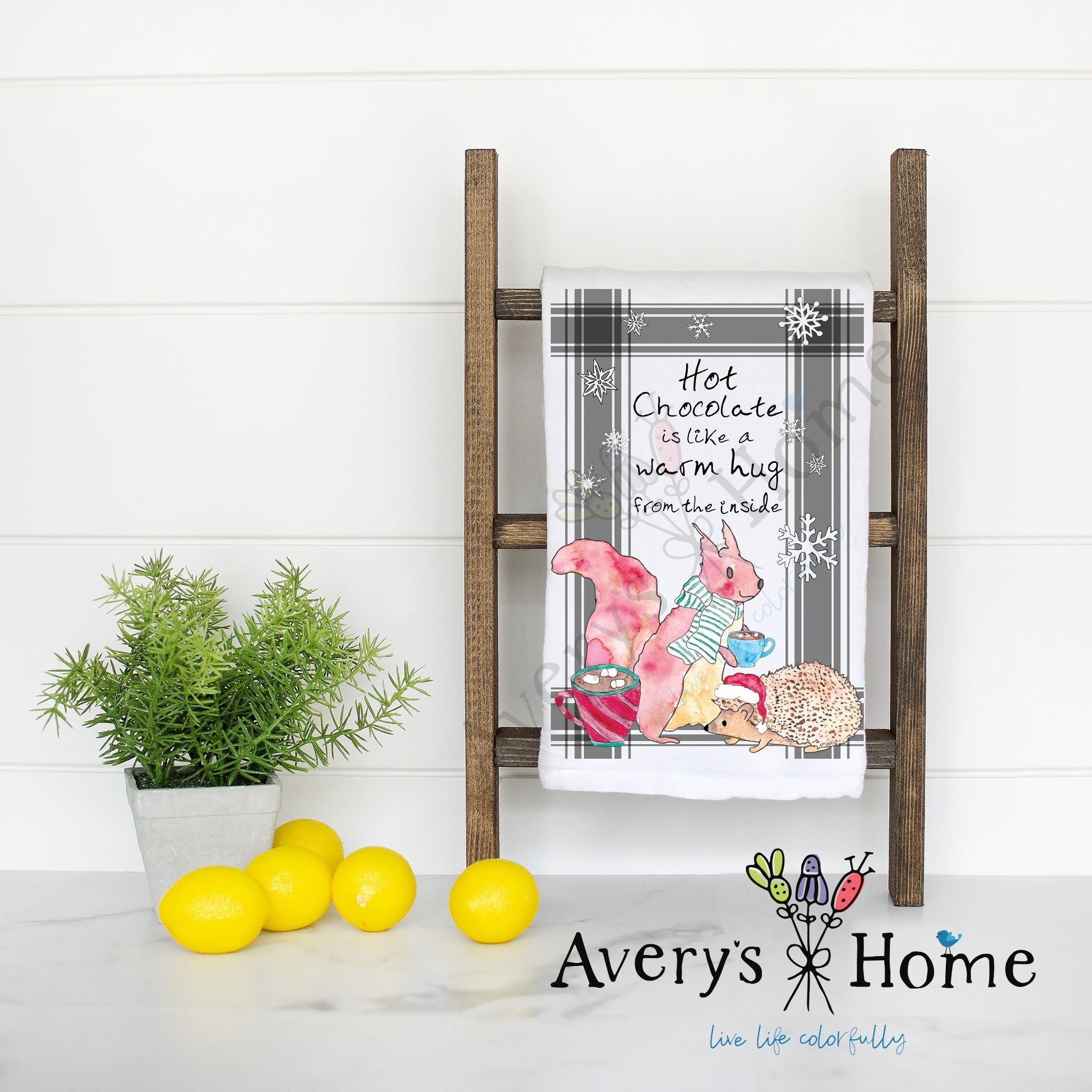 Hot Chocolate is a Warm Hug flour sack dish towel, art by Avery Jackson