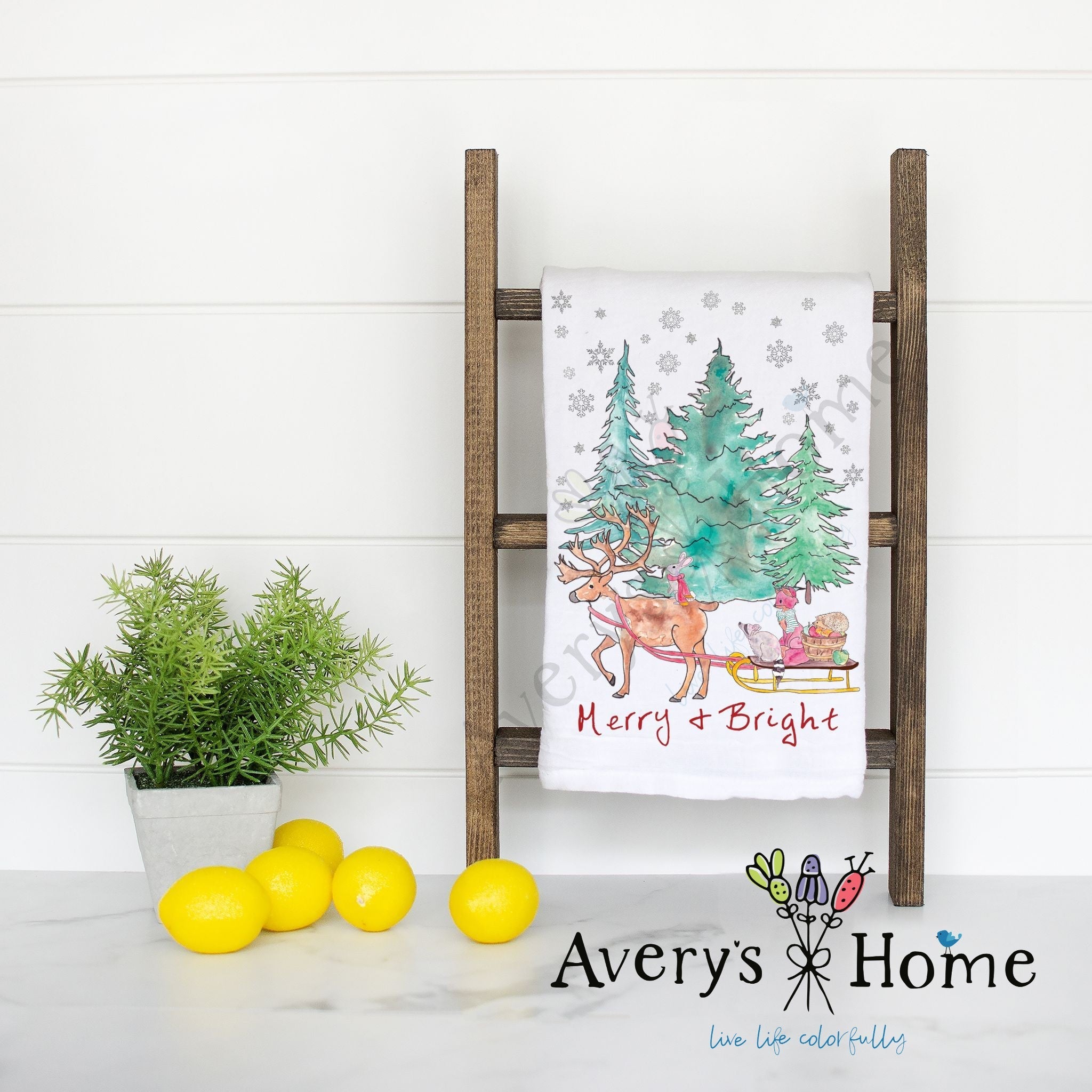 Merry and Bright Sleigh Ride flour sack dish towel, art by Avery Jackson
