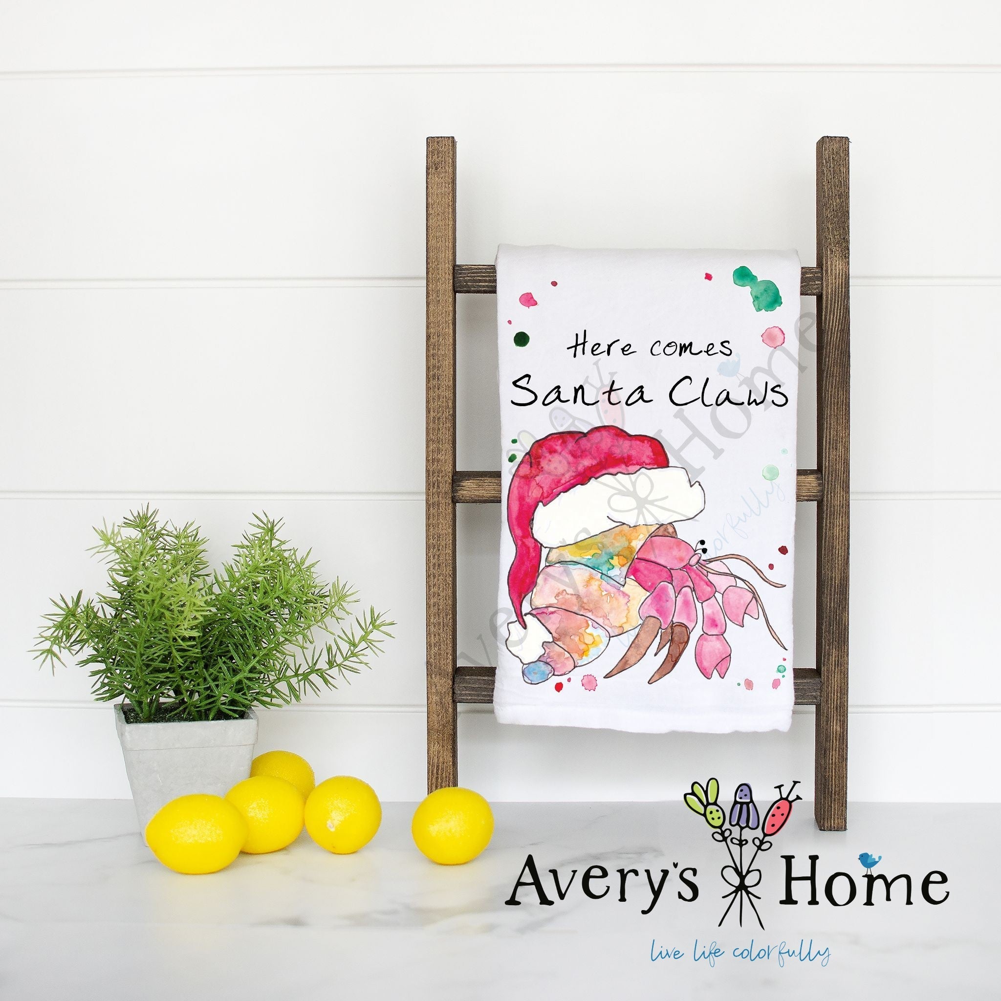 Santa Claws Christmas flour sack dish towel, art by Avery Jackson