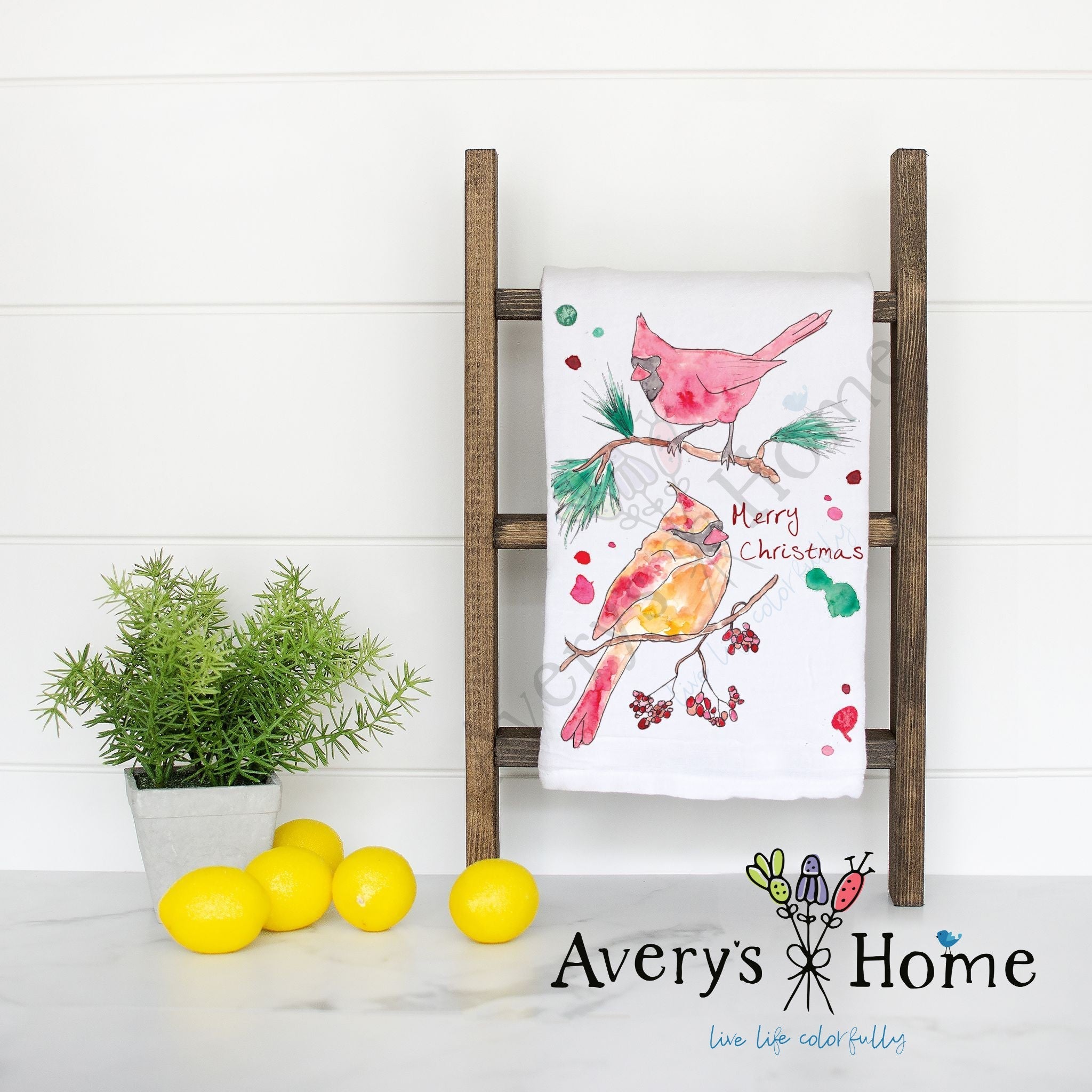 Cardinal Merry Christmas flour sack dish towel, art by Avery Jackson