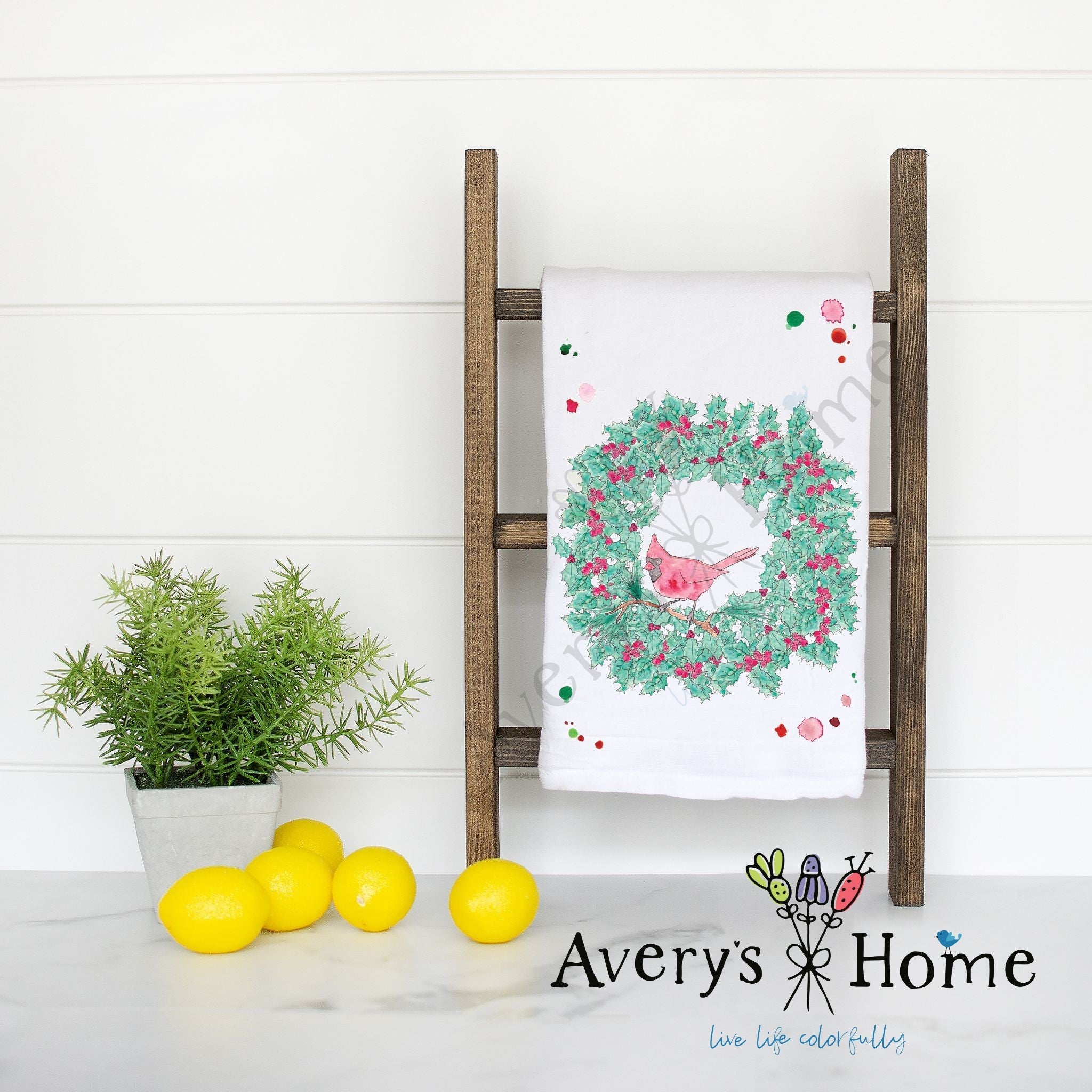 Cardinal Christmas Wreath flour sack dish towel, art by Avery Jackson