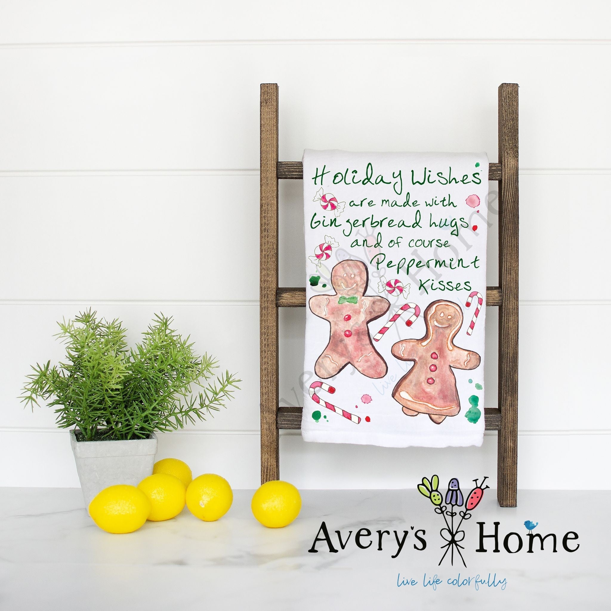 Christmas Peppermint Kisses flour sack dish towel, art by Avery Jackson