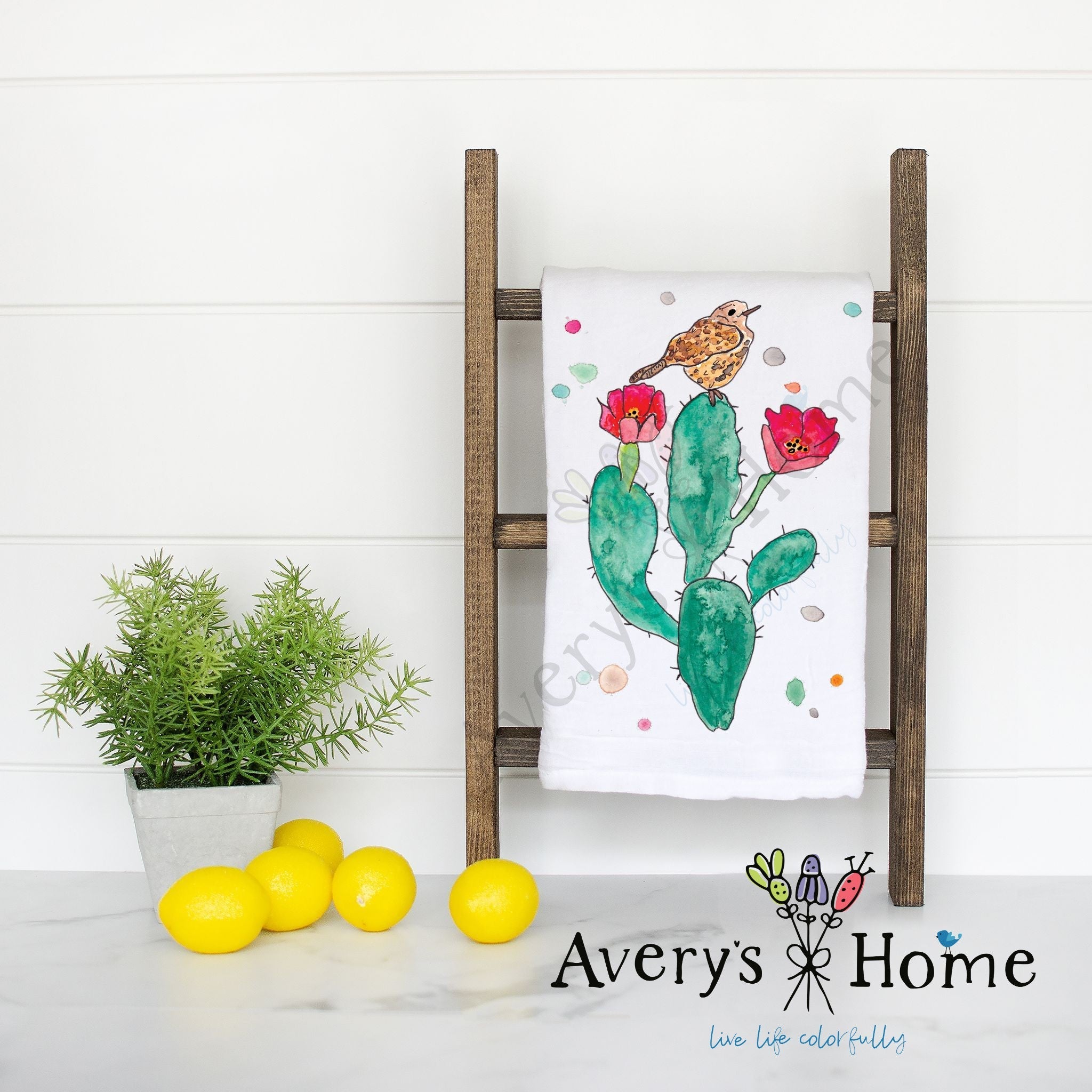 Flowering Cactus flour sack dish towel, art by Avery Jackson