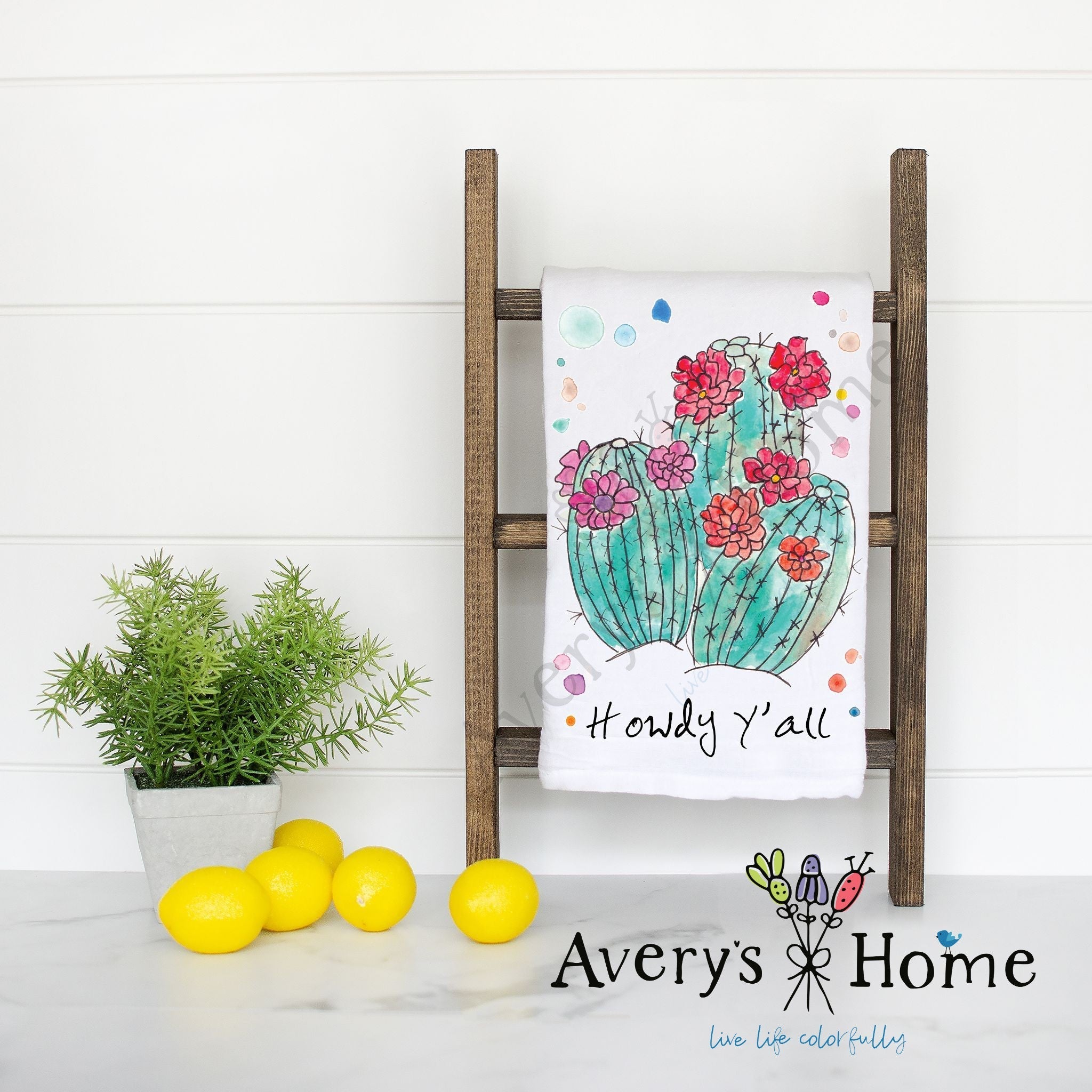 Howdy Y'all Cactus flour sack dish towel, art by Avery Jackson
