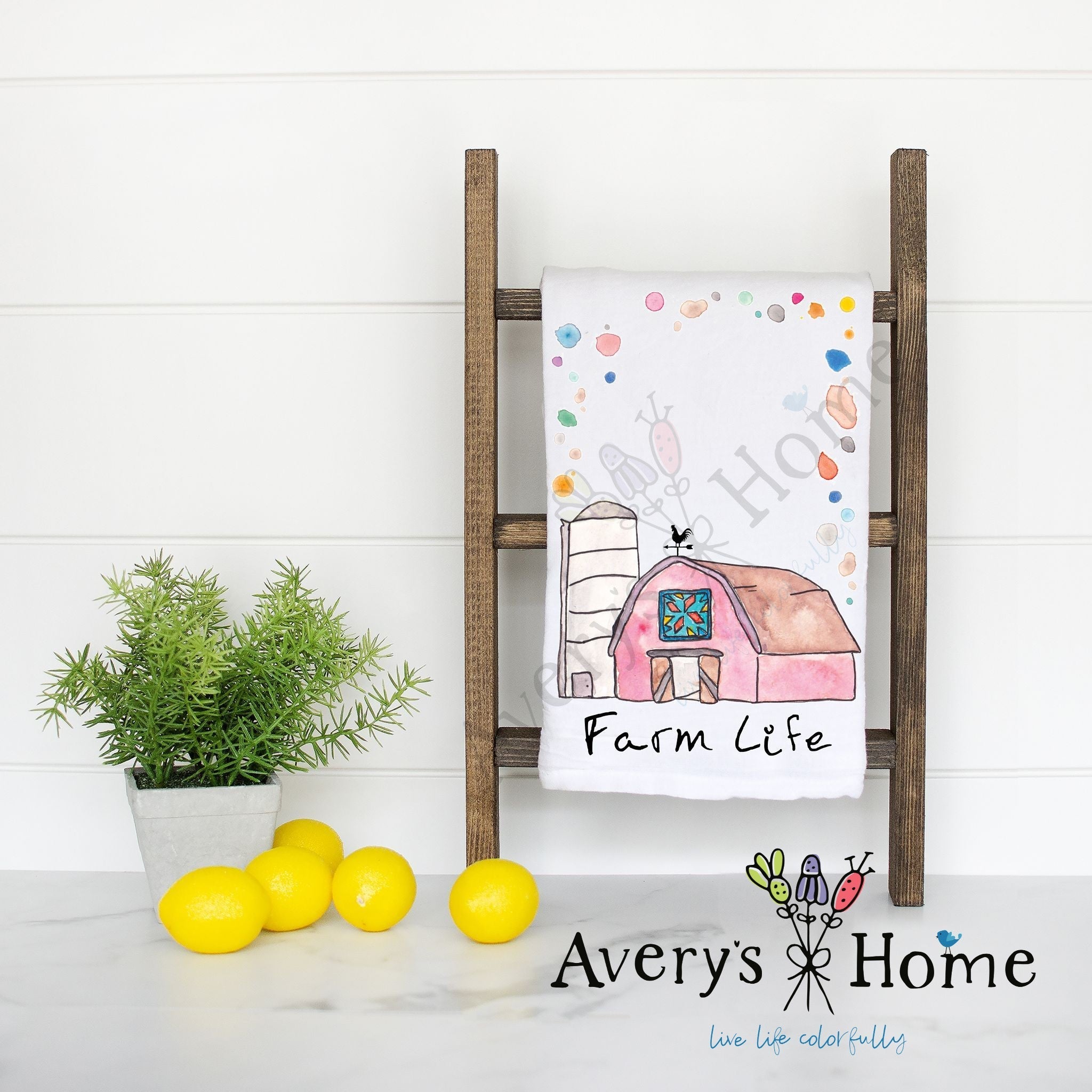 Farm Life flour sack dish towel, art by Avery Jackson