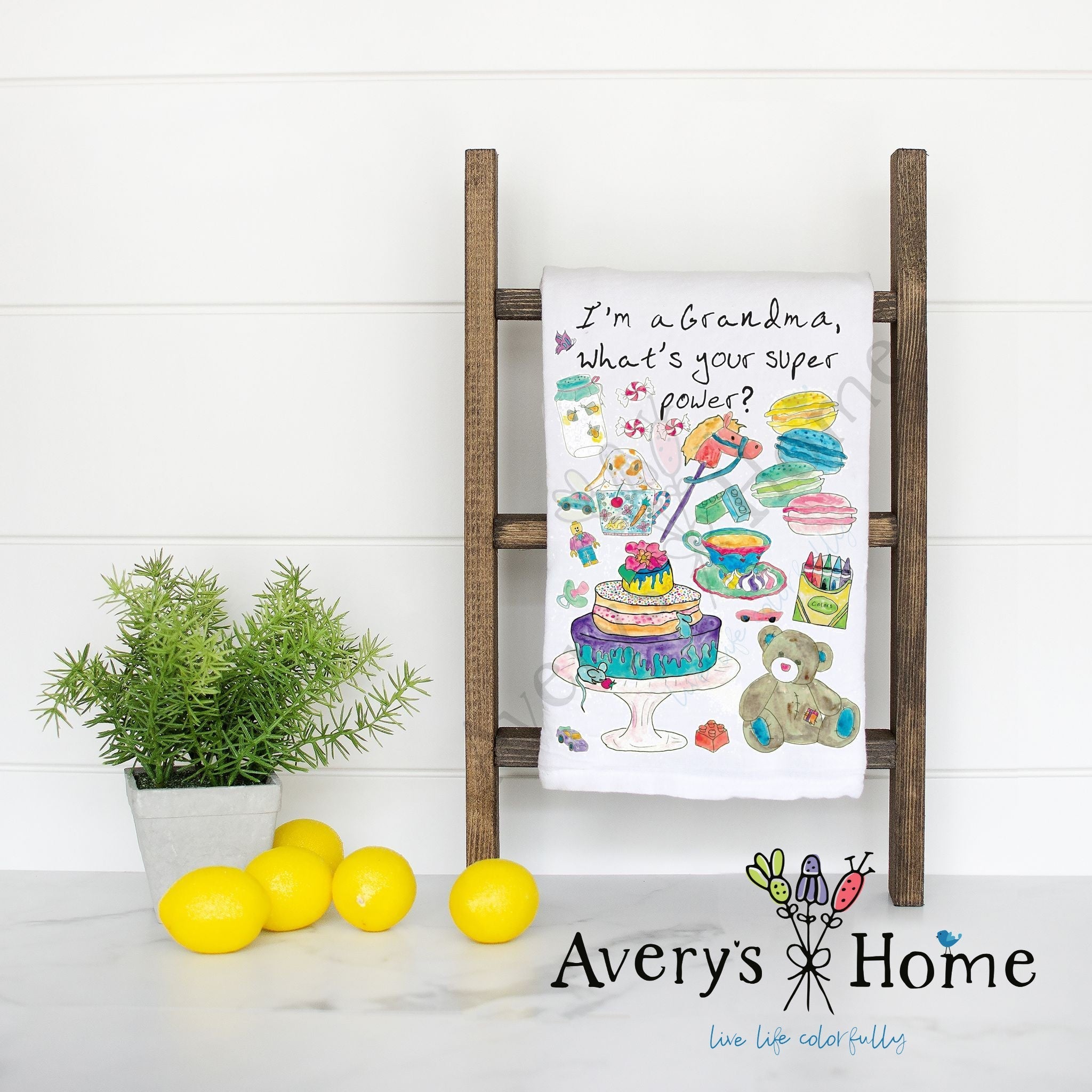 I'm a Grandma flour sack dish towel, art by Avery Jackson