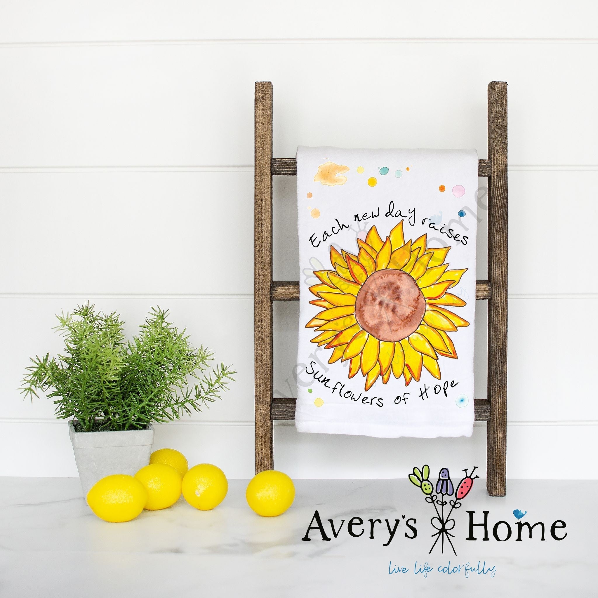 Sunflowers of Hope flour sack dish towel, art by Avery Jackson