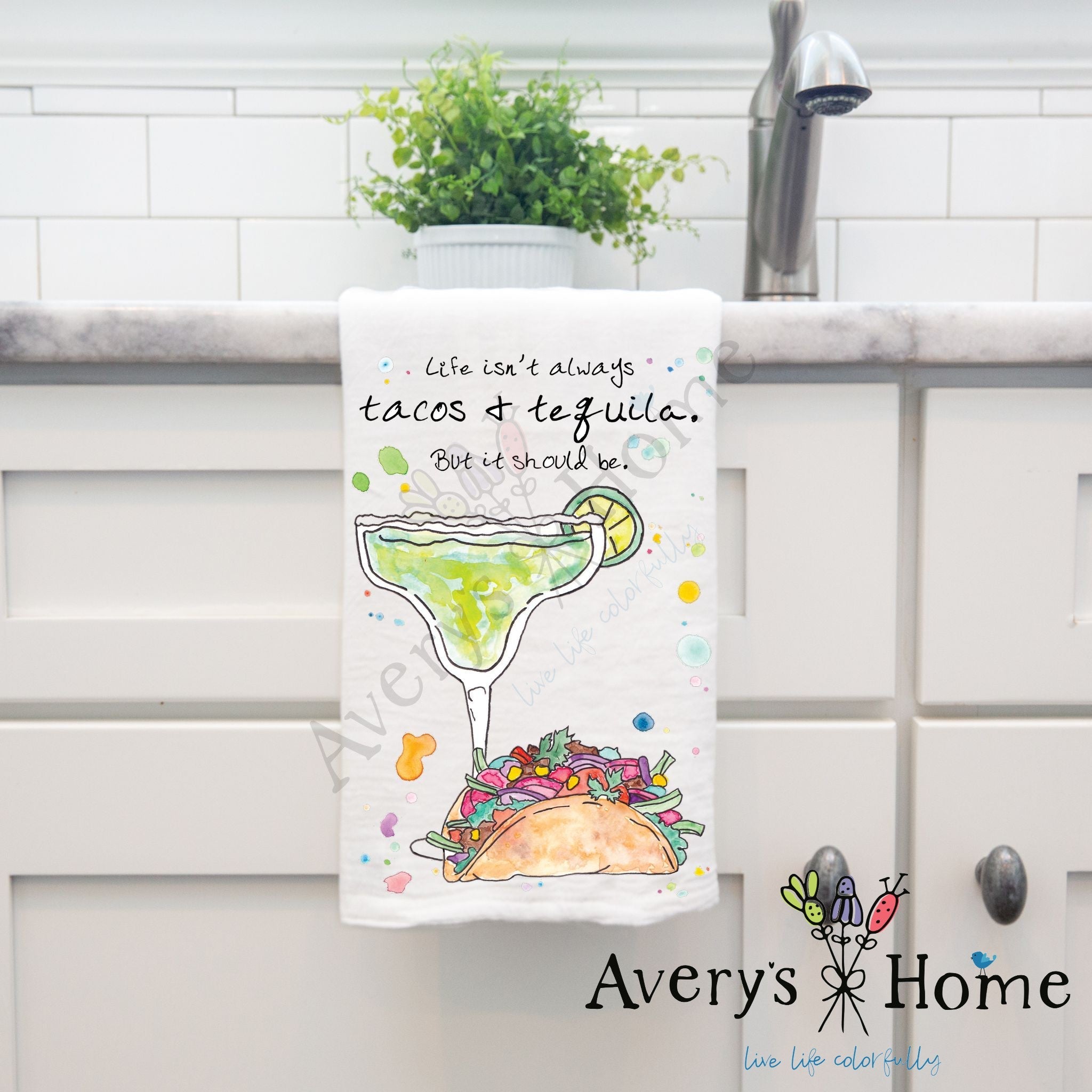Tacos and Tequila dish towel, 27x27 flour sack cotton
