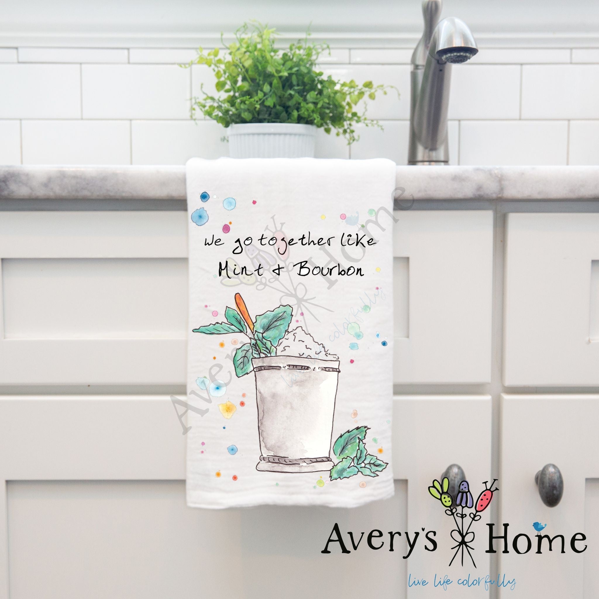 Mint and Bourbon Derby dish towel, 27x27 flour sack cotton