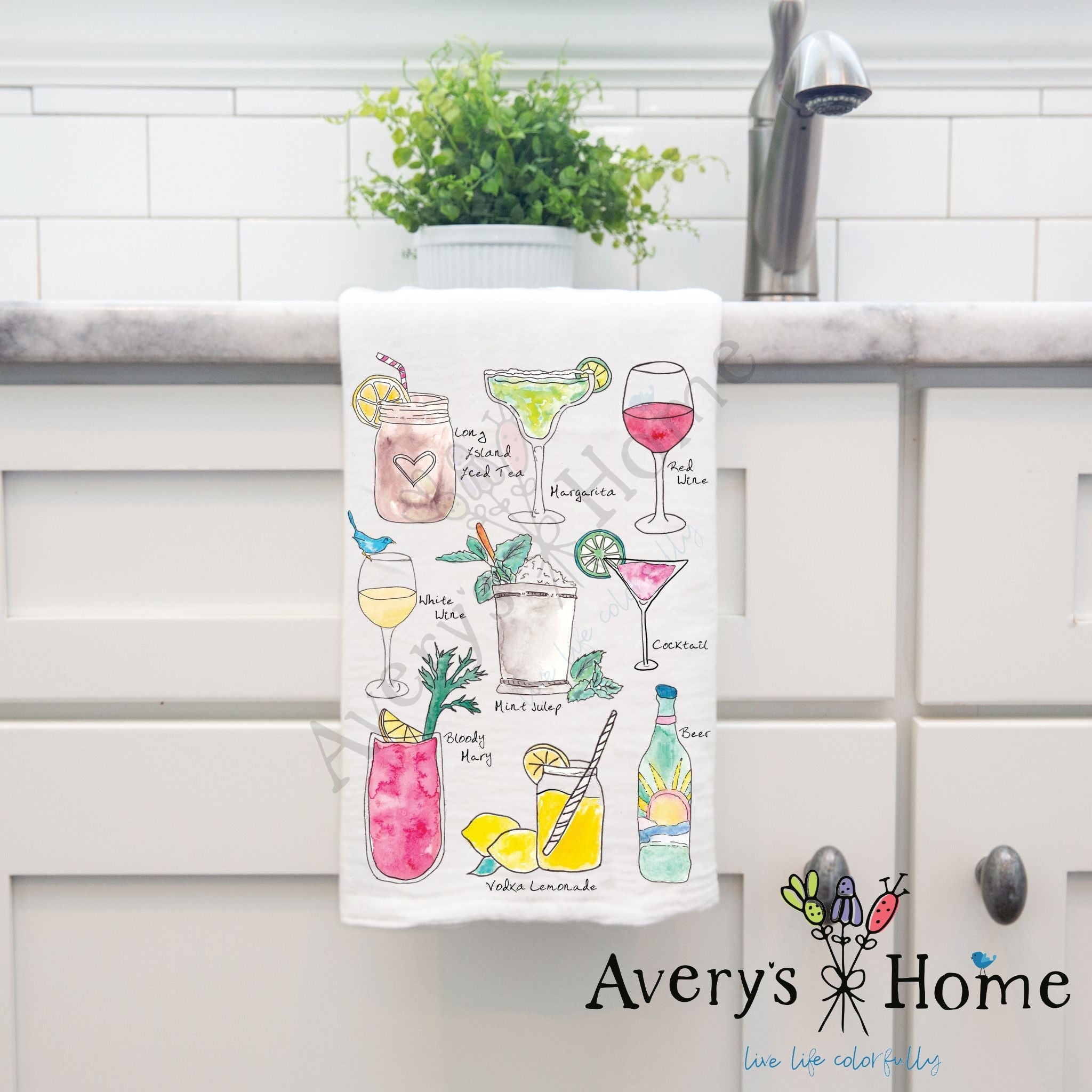 Favorite Cocktails dish towel hanging by kitchen sink