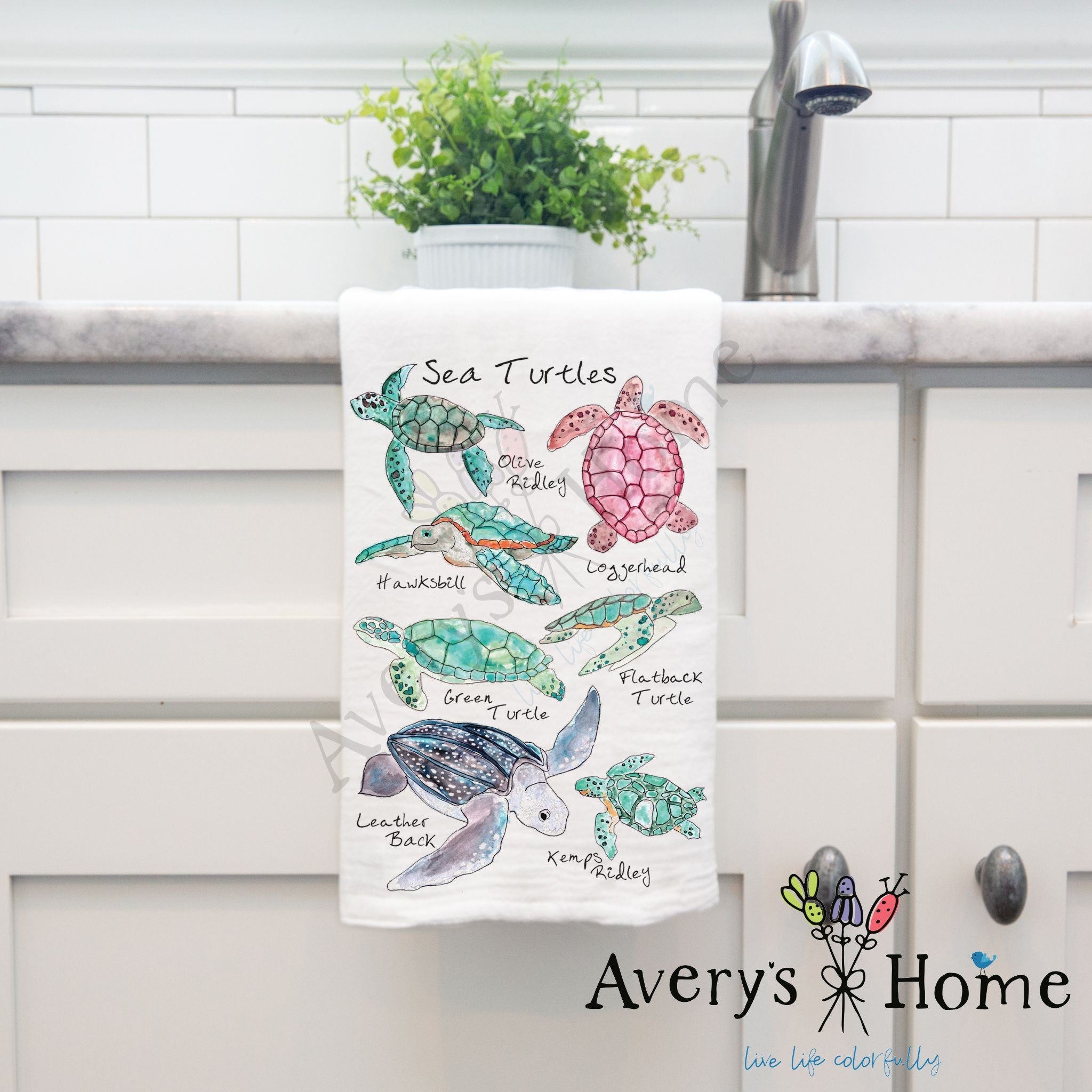 Sea Turtle Breeds dish towel, 27x27 flour sack cotton