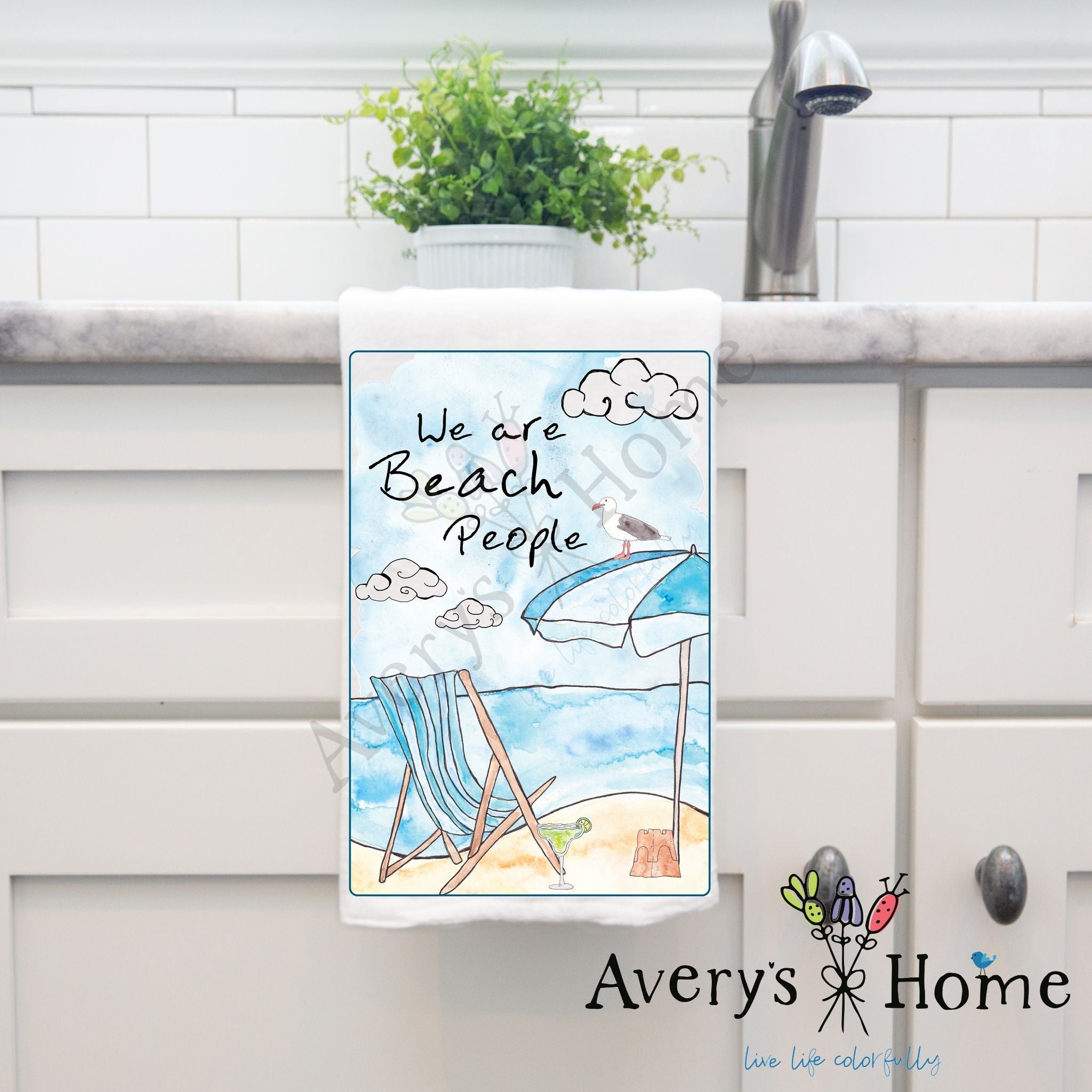 We are Beach People dish towel hanging in the kitchen